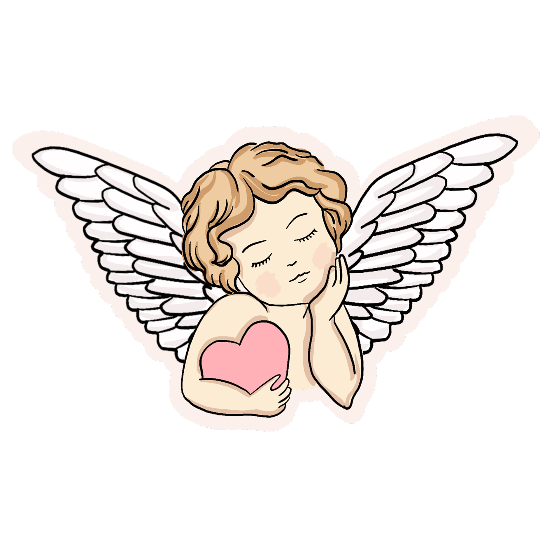 Cartoon of a sleeping angel with wings, holding a pink heart, and resting her head on her hands.