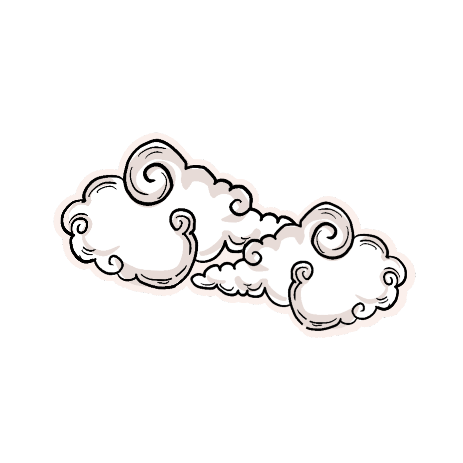 Cartoon drawing of two white clouds with swirling patterns on a black background.