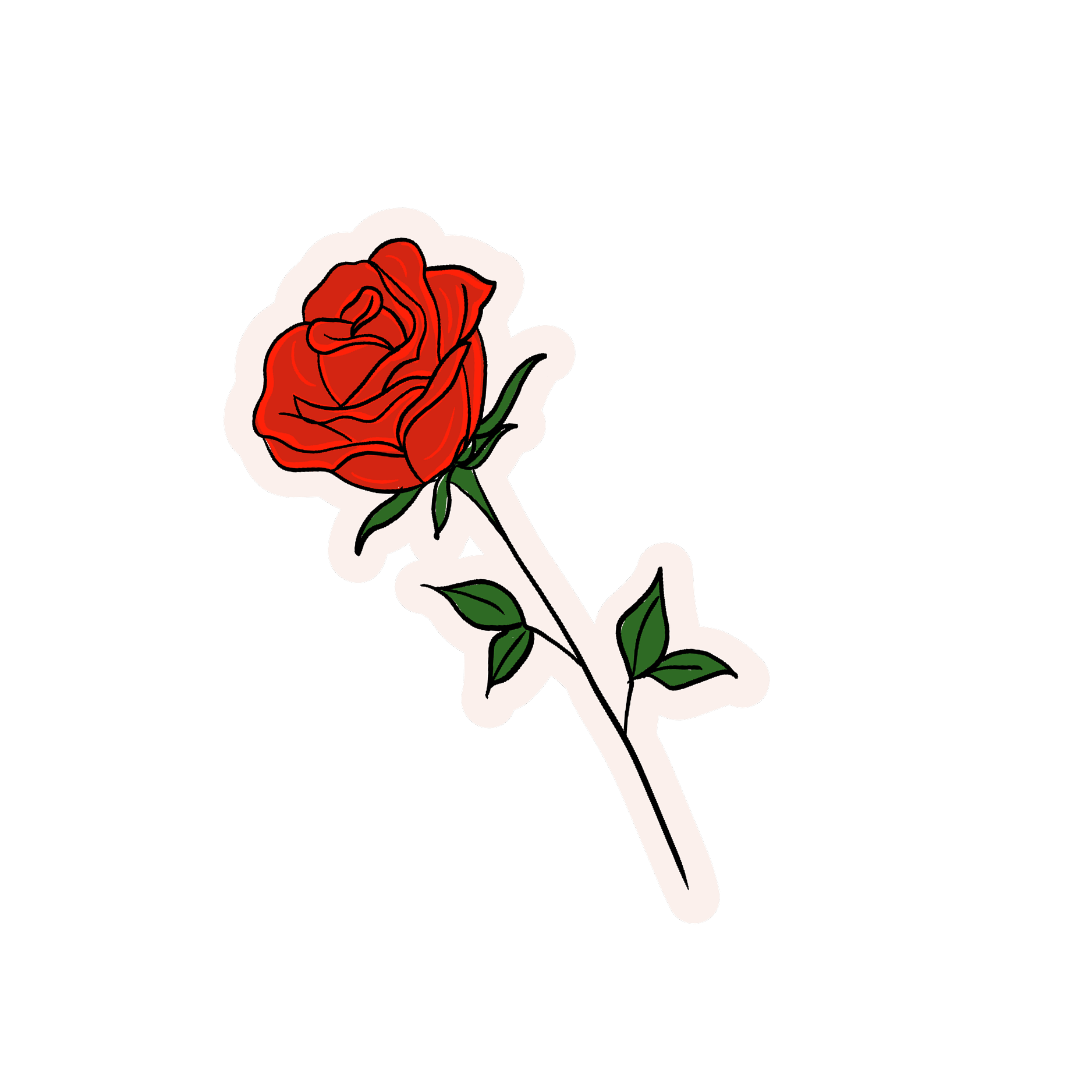 A sticker of a red rose with green leaves and a stem, outlined in white.
