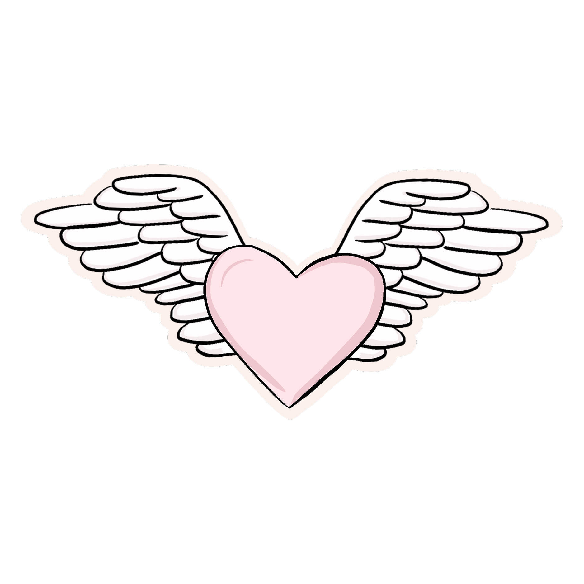 A pink heart with white angel wings on a black background.