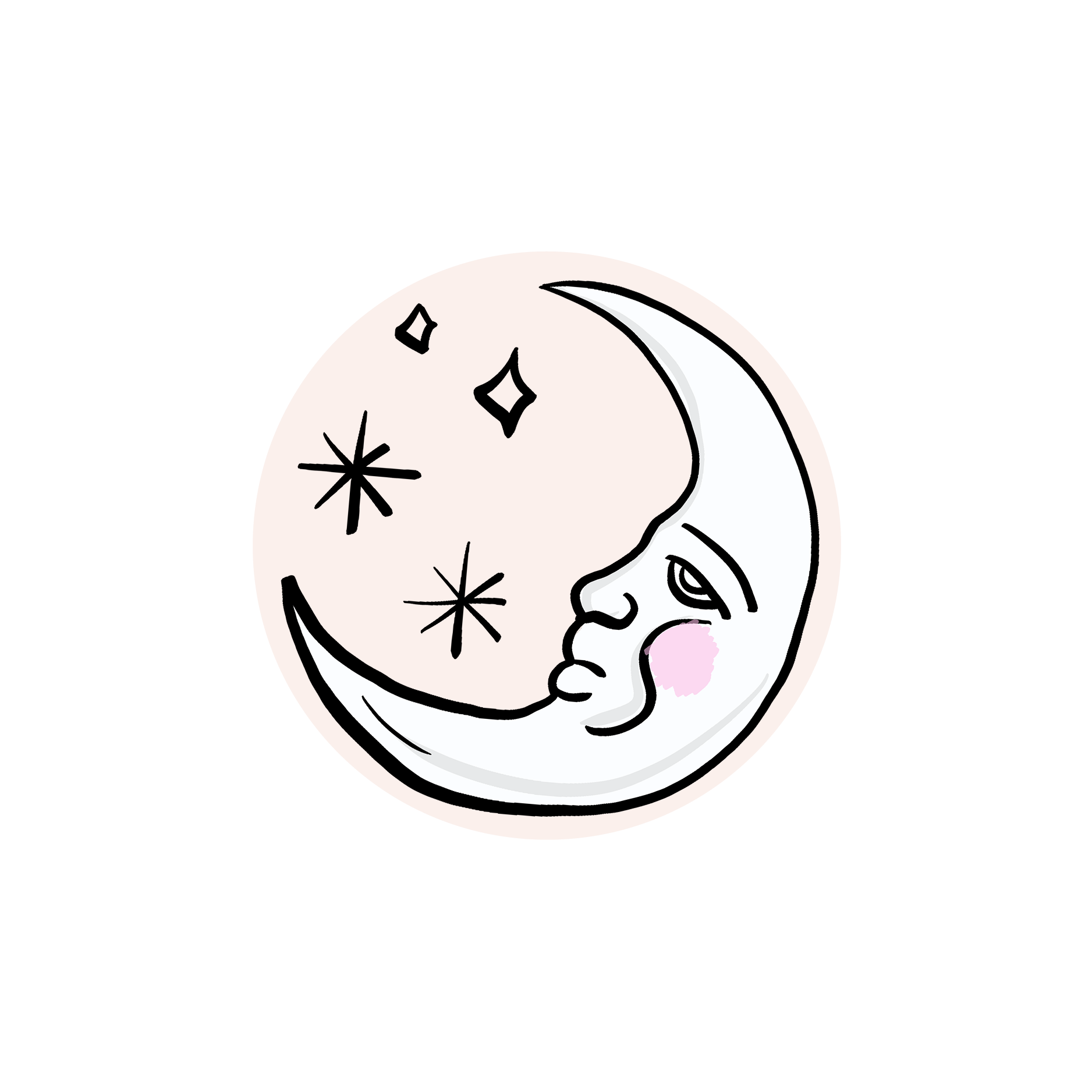 Cute illustration of a crescent moon with a human face, pink blush, and closed eyes, surrounded by stars and sparkles.