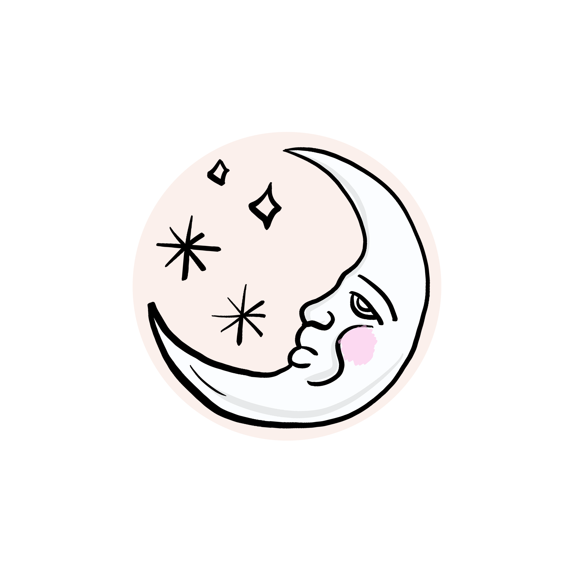 A whimsical drawing of a crescent moon with a human face, pink cheeks, and a tired expression, surrounded by stars and sparkles.