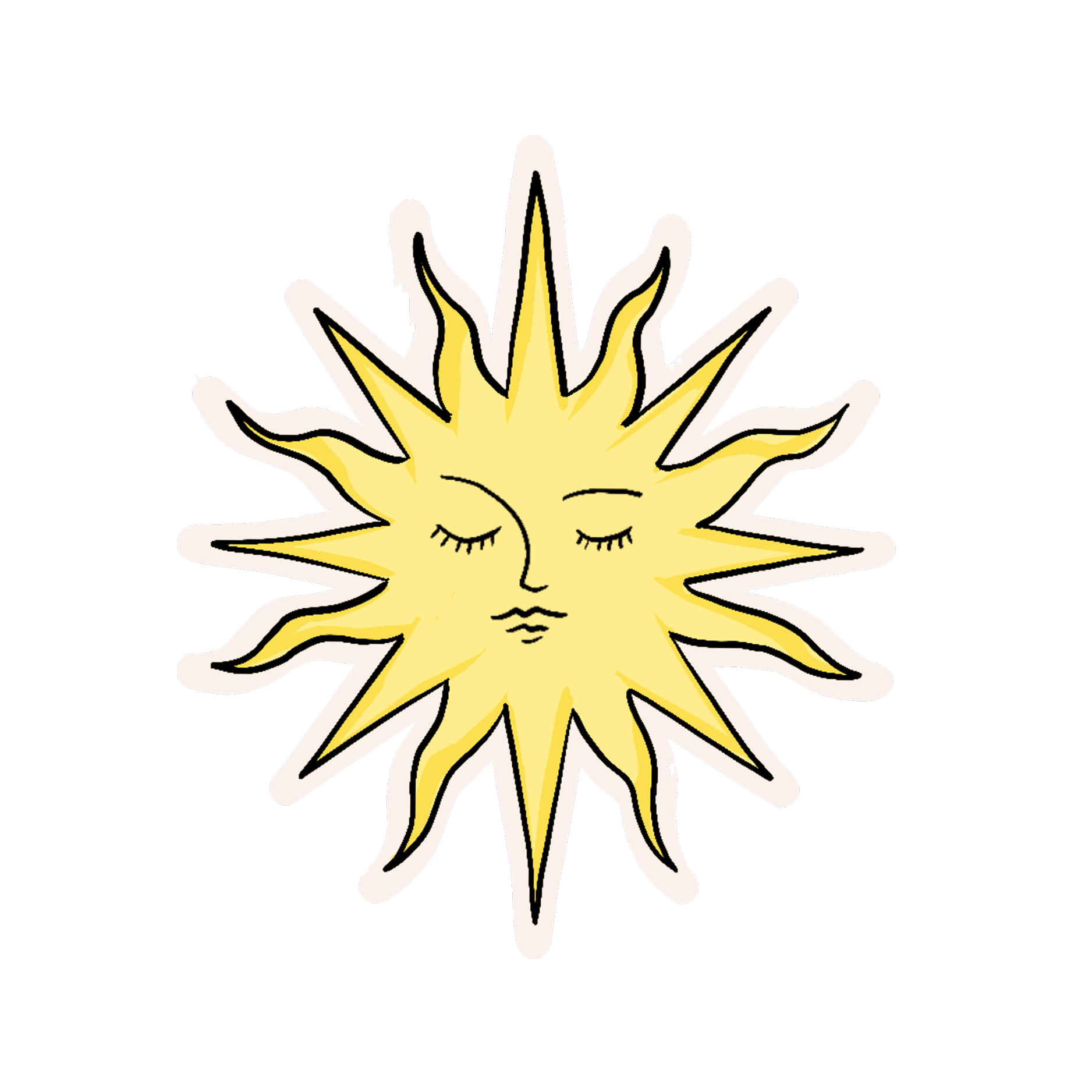 A drawing of the sun with a human face, closed eyes, and peaceful expression, set against a black background.