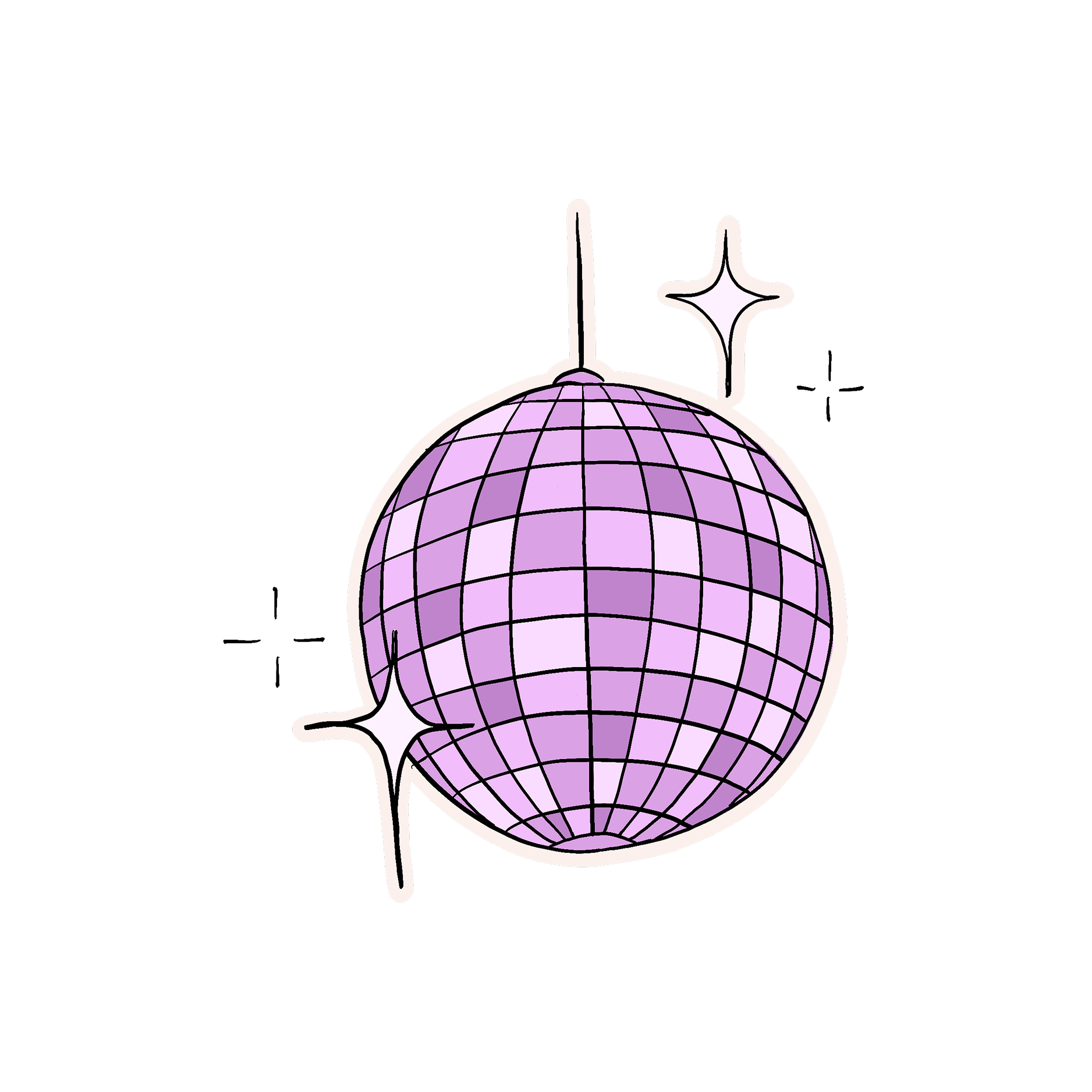 A purple disco ball with shiny highlights and black grid lines, sparkling against a black background.