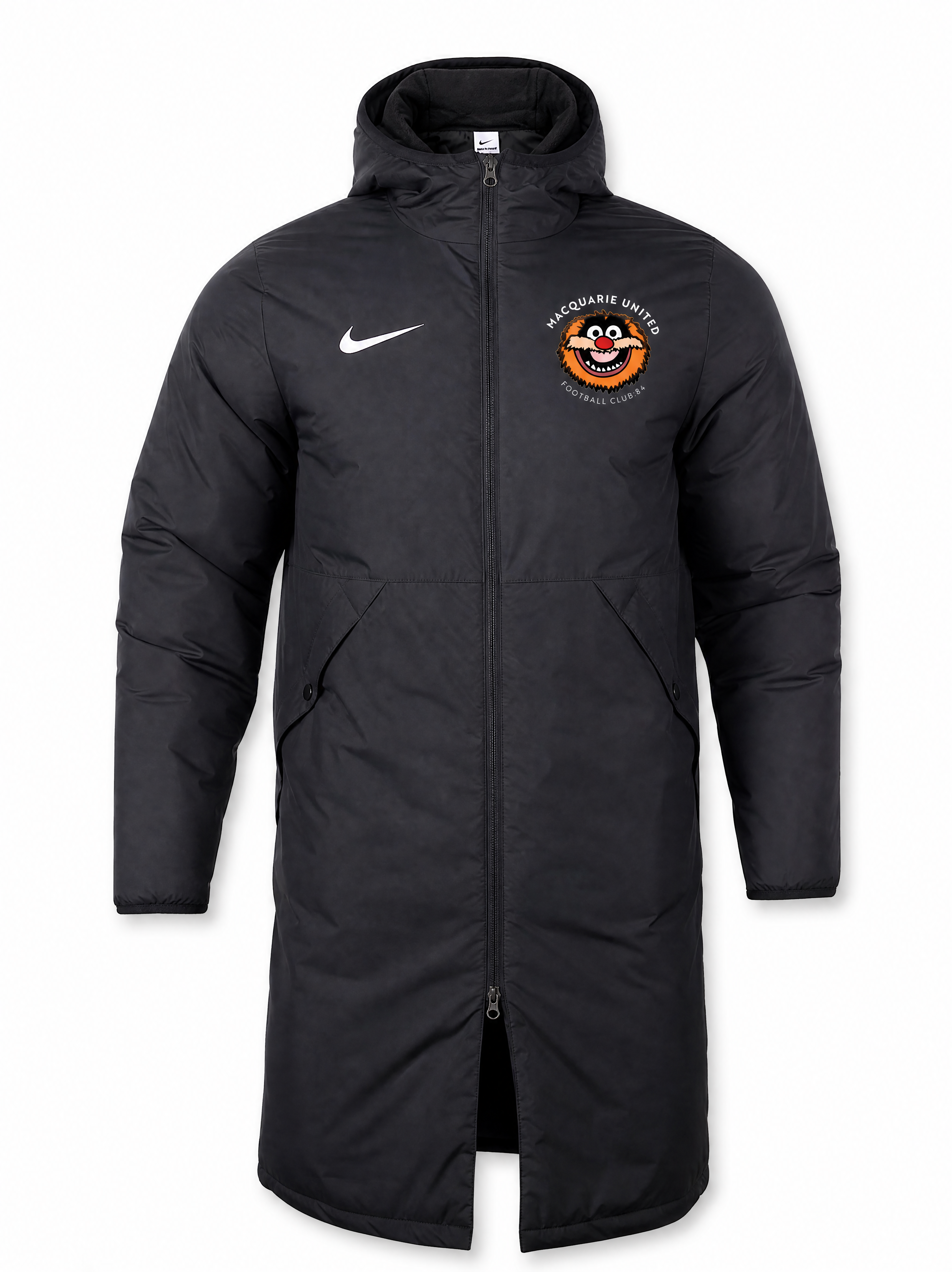 Black Nike Repel longline jacket with embroidered Macquarie United FC crest on chest