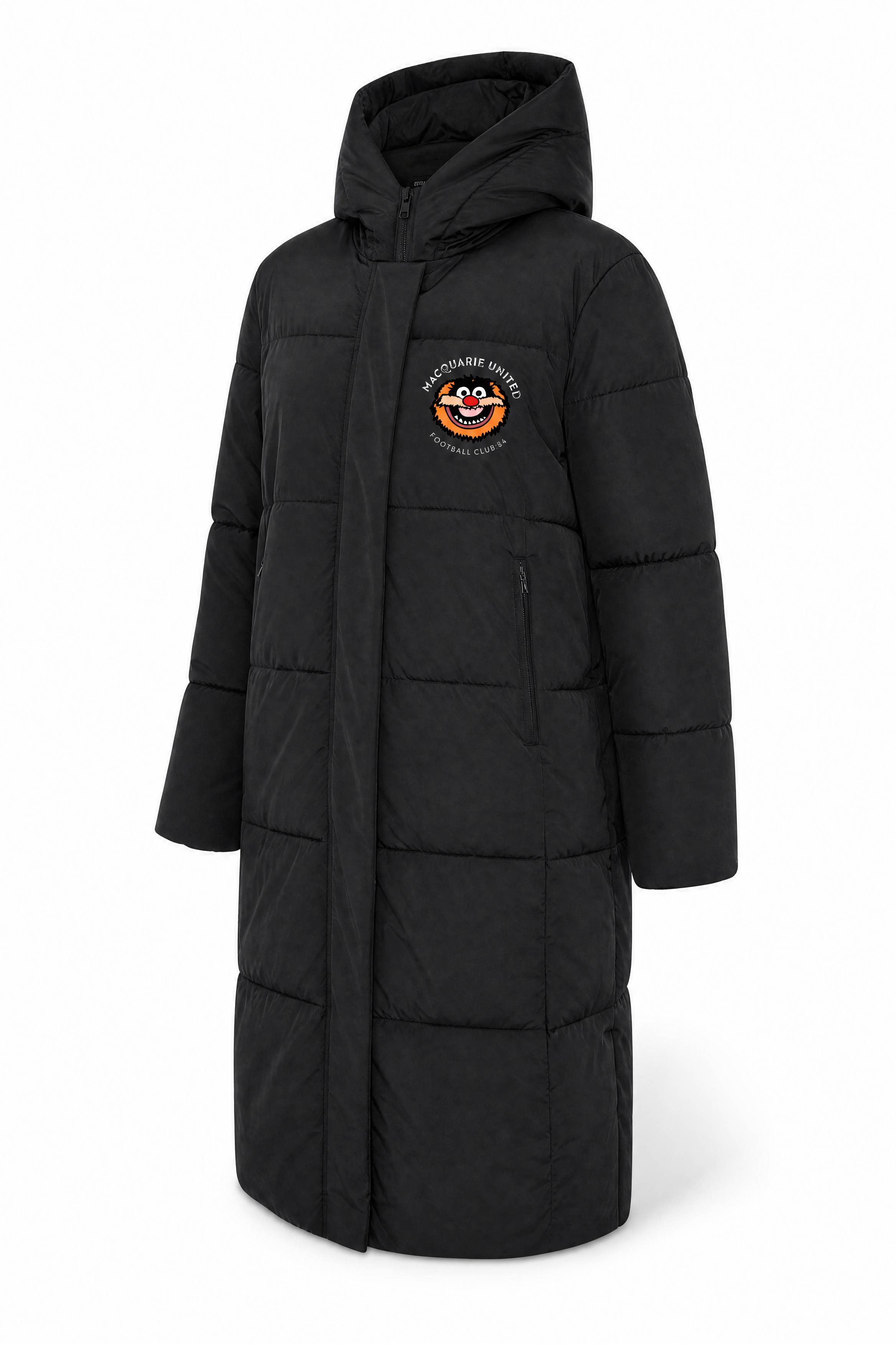 Black Macquarie United FC women's puffer jacket with embroidered club crest on left breast