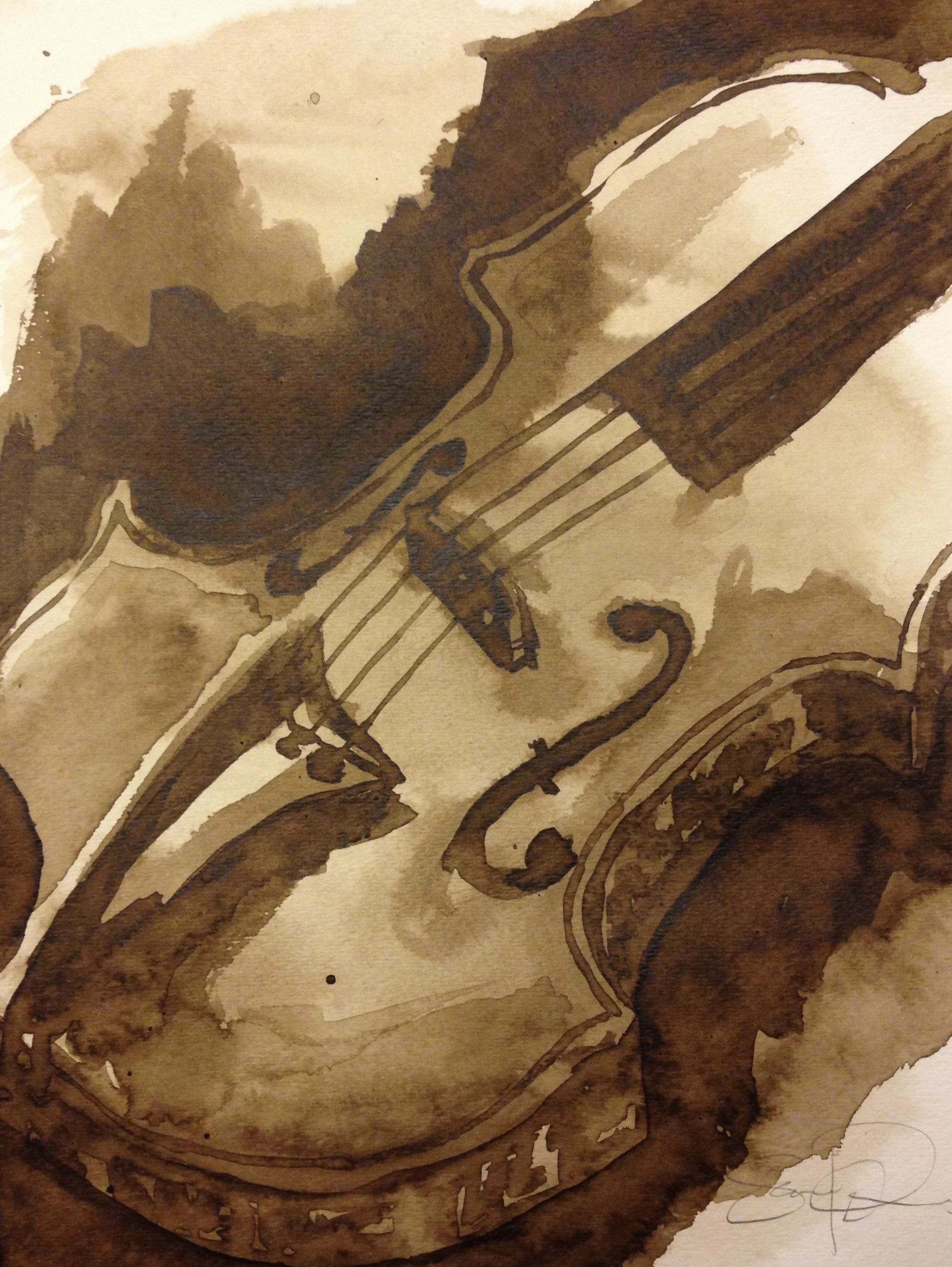 A sepia-toned watercolor painting of a violin, showing the body, strings, fingerboard, and scroll.