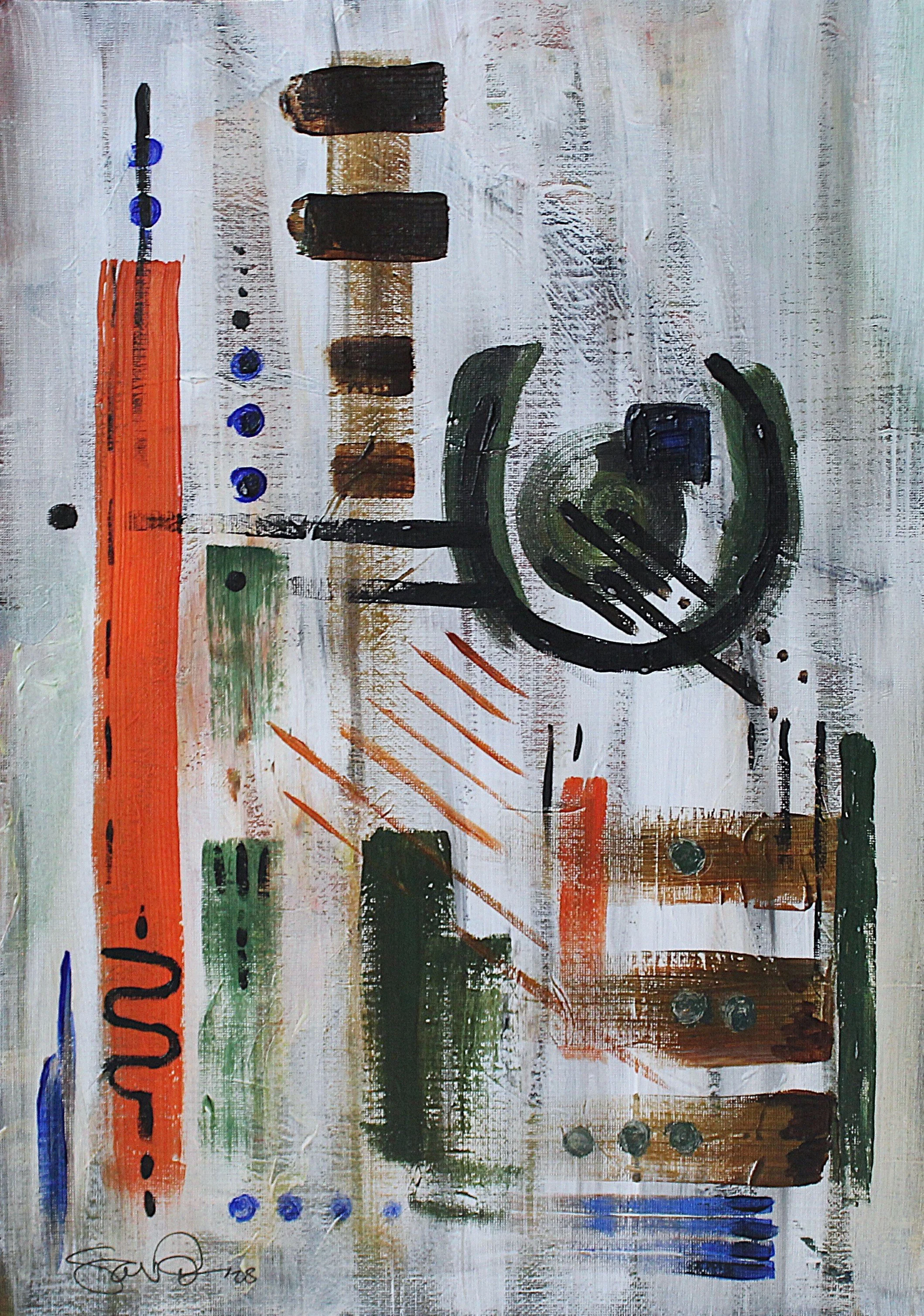 Abstract mixed media artwork with brushstrokes, geometric shapes, and lines in orange, green, black, and blue on a textured white background.