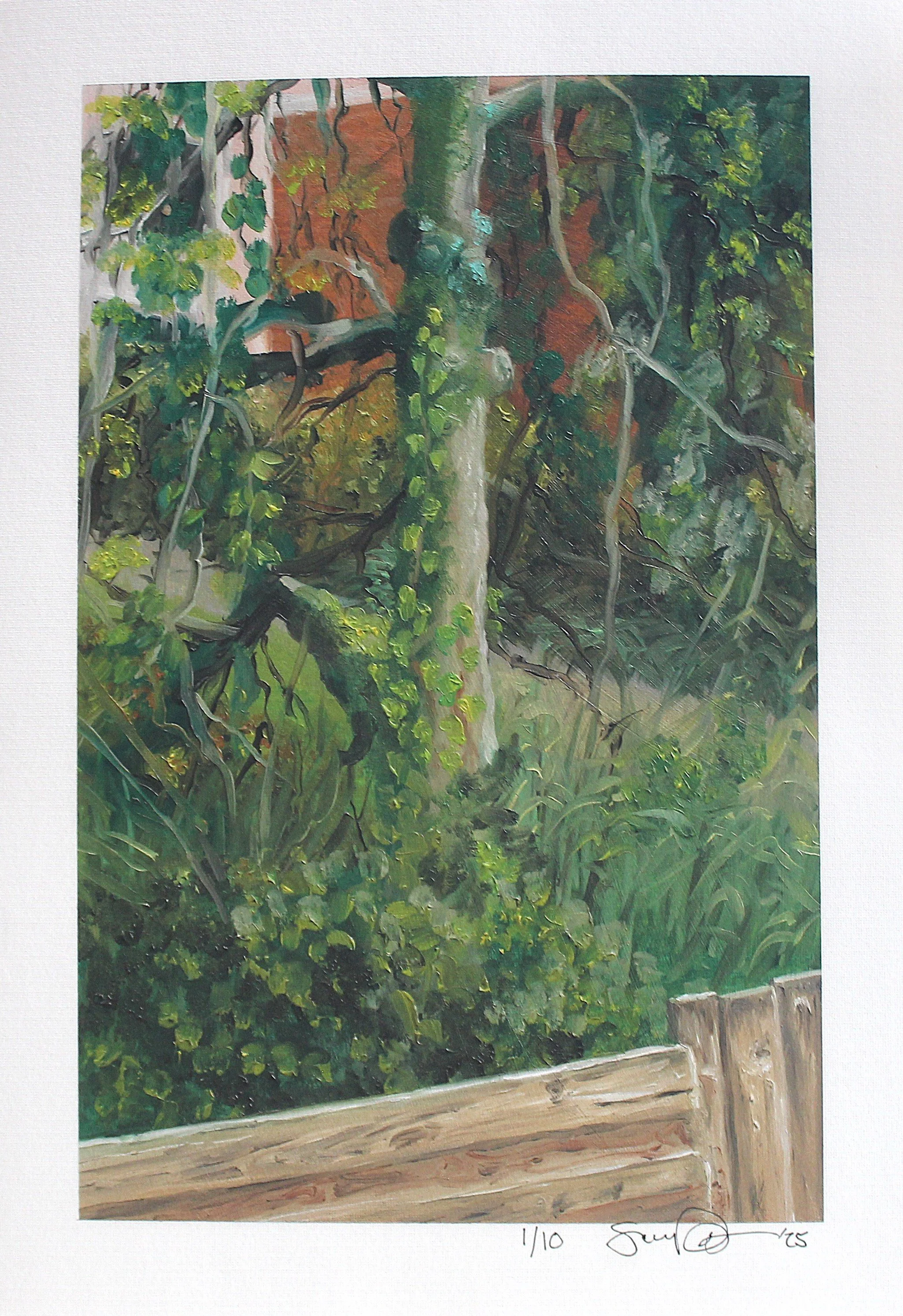 A painting of a lush green garden scene with a tree trunk, leaves, vines, and a wooden fence at the bottom.