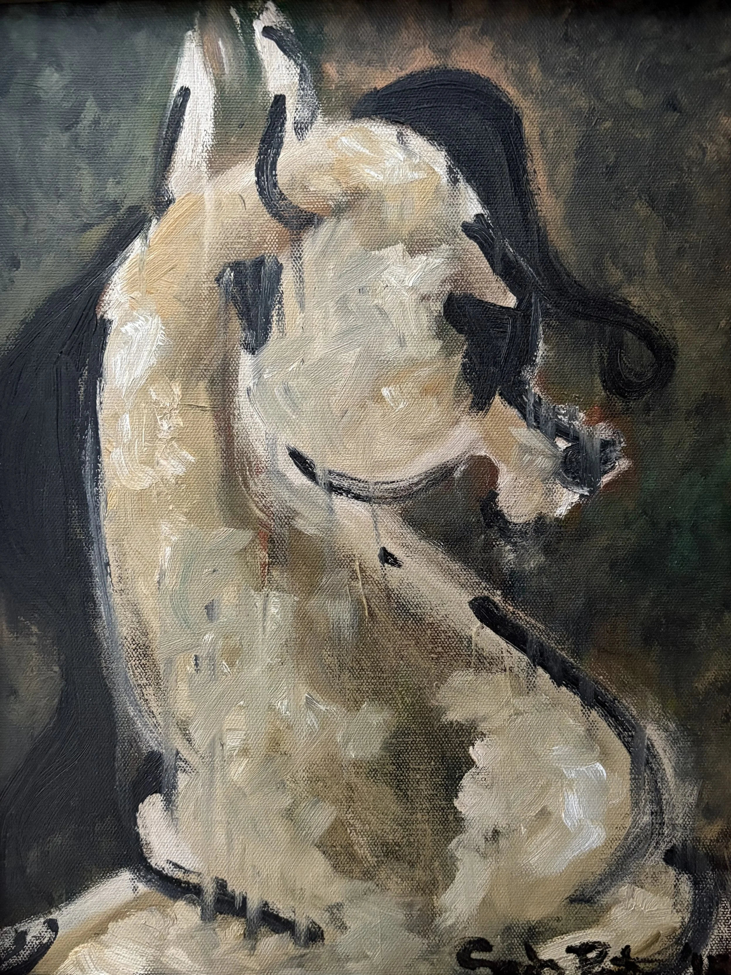An abstract painting of a dog, featuring black, tan, and cream-colored fur, with a dark background and expressive brushstrokes.