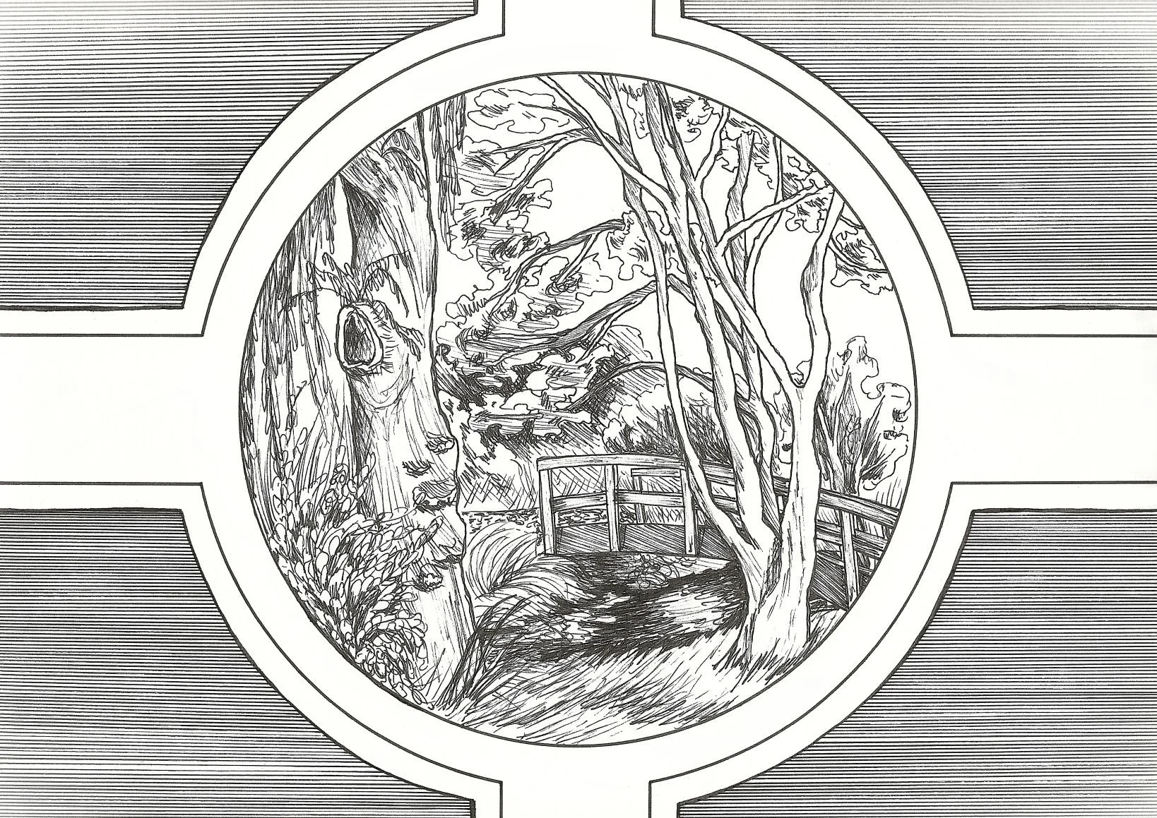 Black and white sketch of a nature scene viewed through a circular window, featuring trees, a stream with a small wooden bridge, and a cloudy sky.