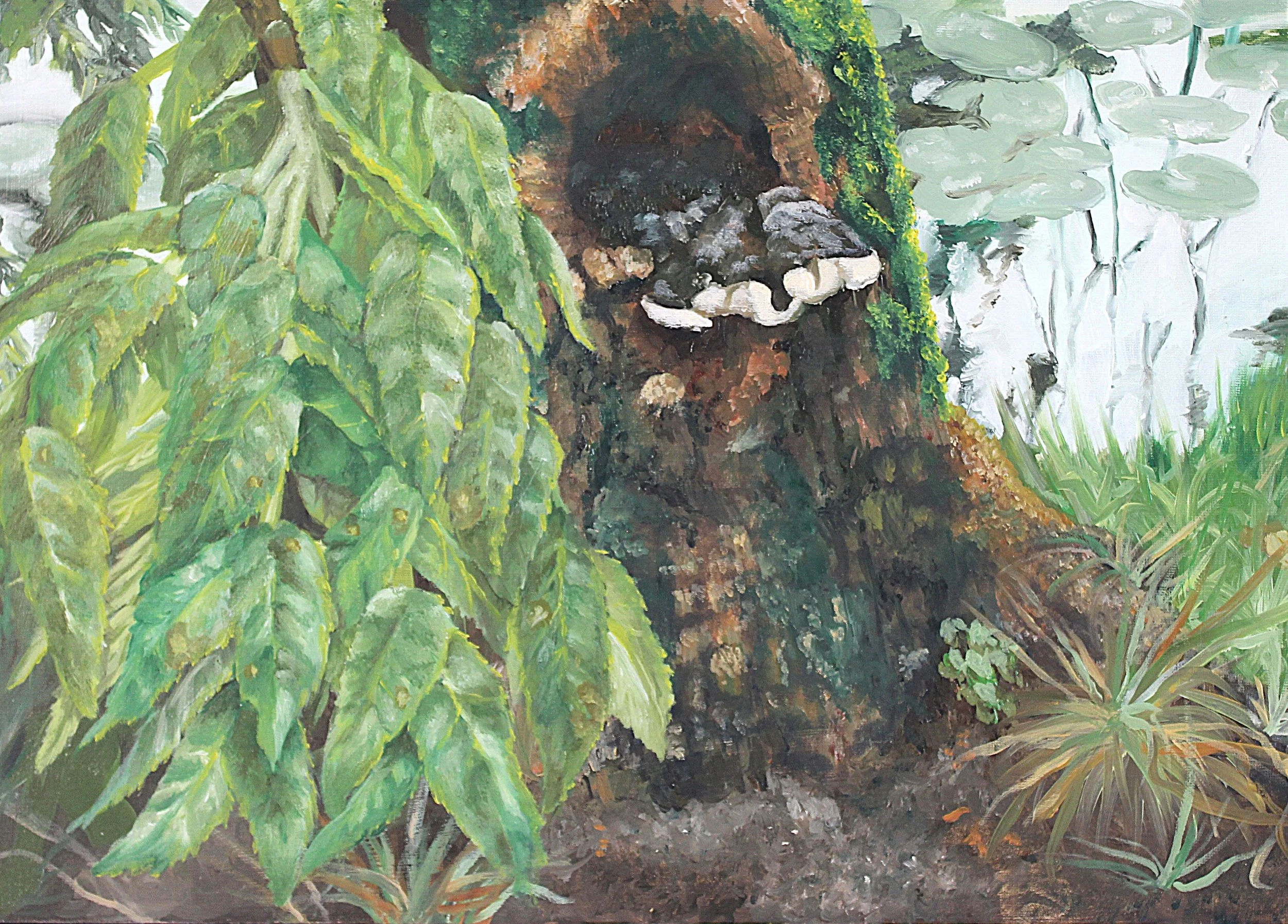 Painting of a tree trunk with fungi growing on it, surrounded by green leaves and plants.