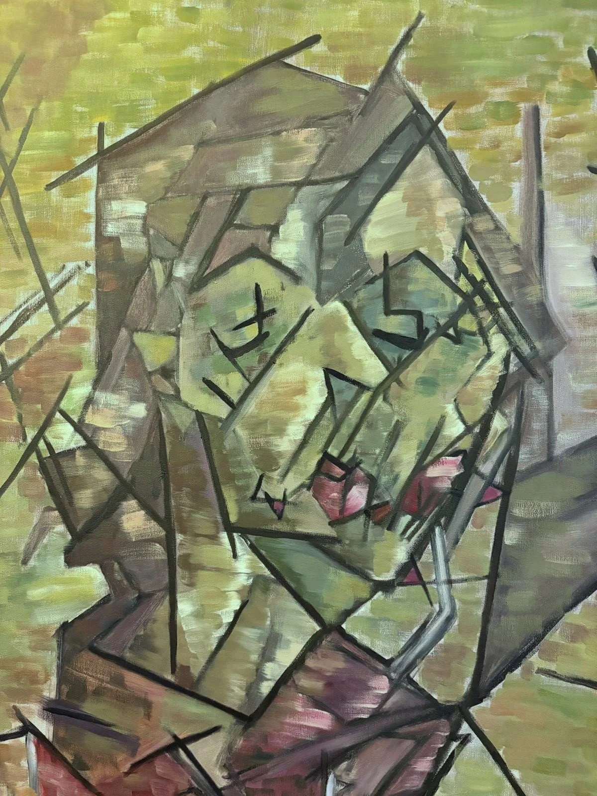 An abstract painting of a person sitting with their hand resting on their face, using geometric shapes and bold lines.