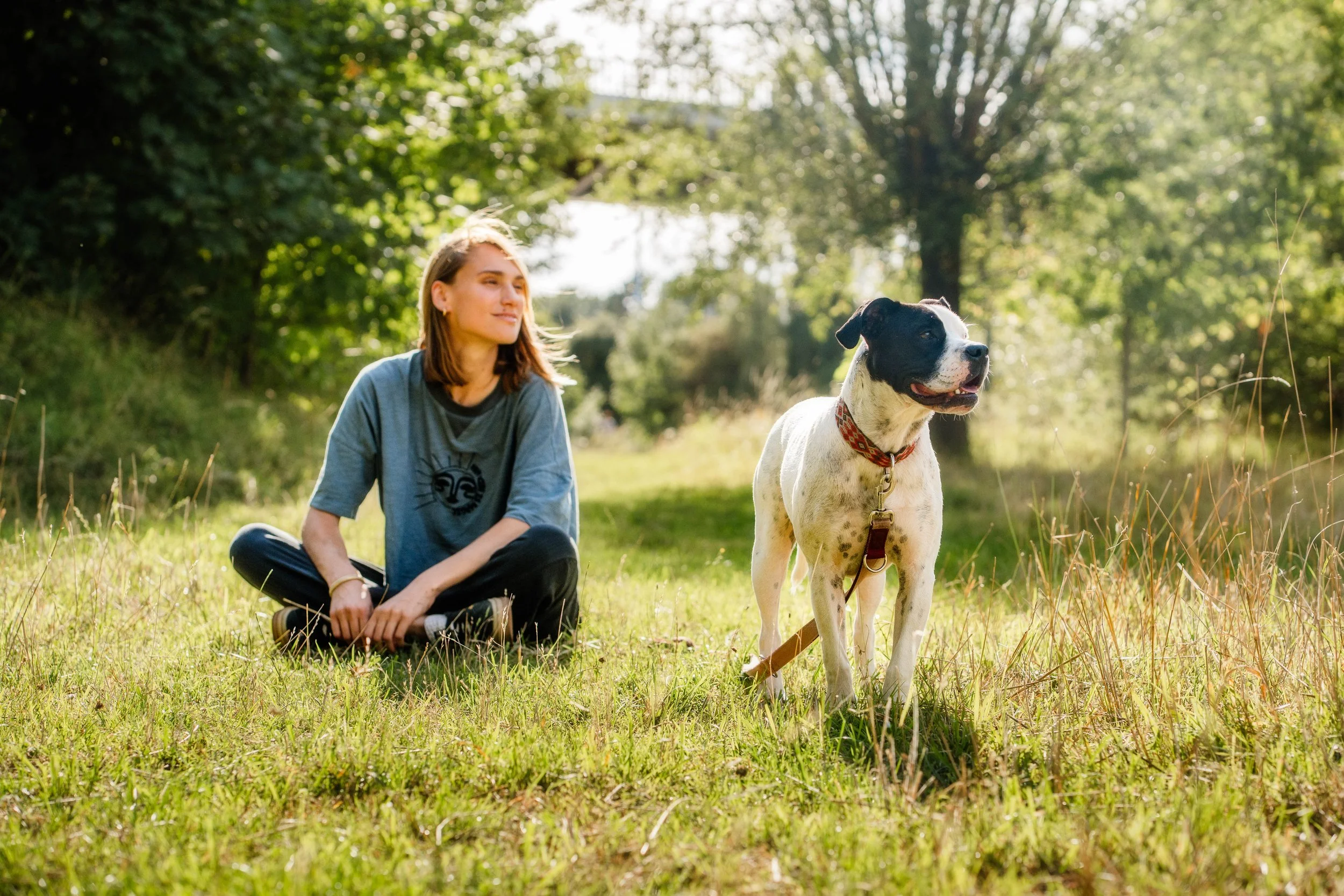 Une jeune femme assise dans un champ avec un chien de type boxer à proximité, entourés d'arbres et de verdure, par une journée ensoleillée.