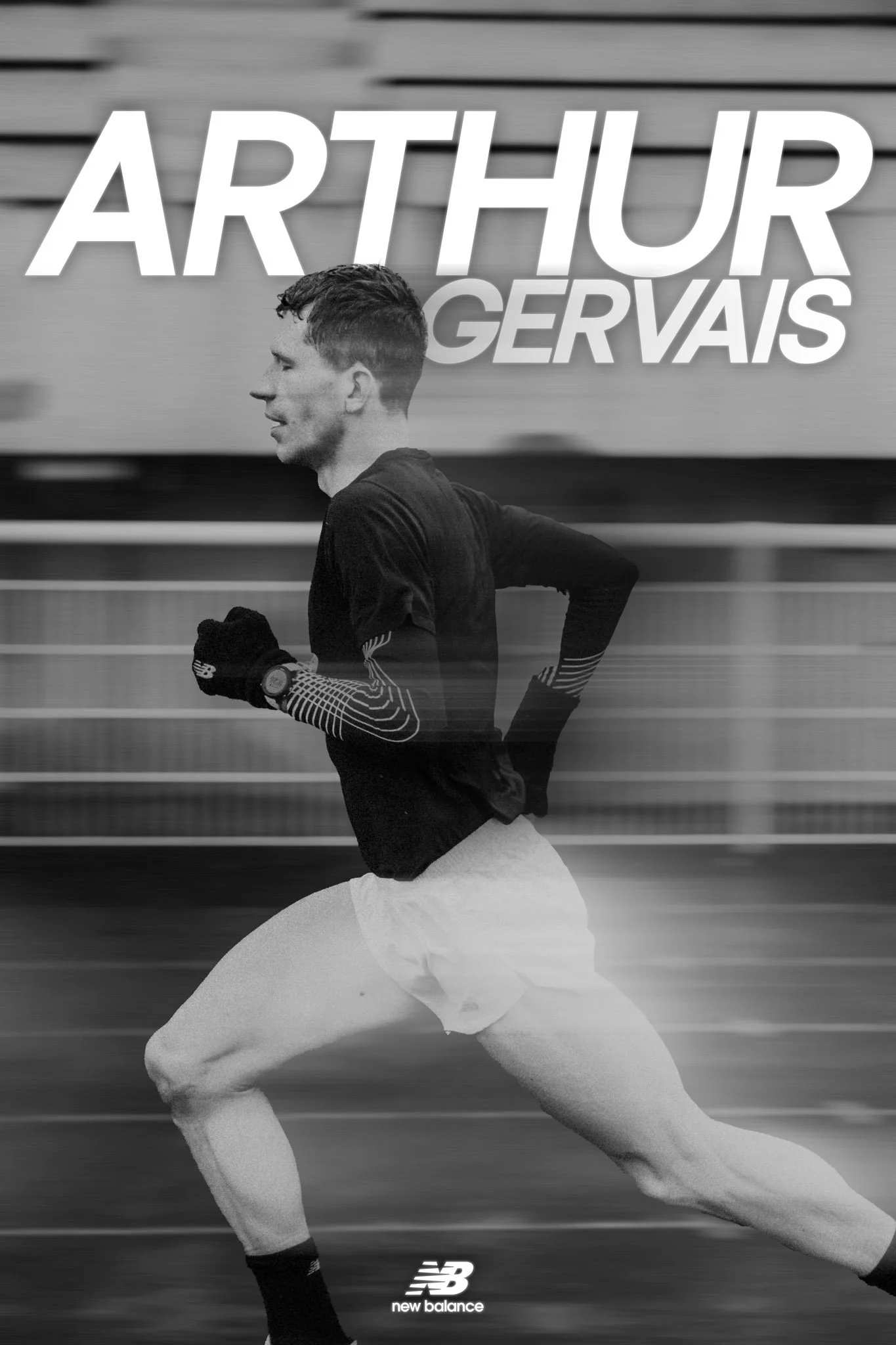 Un homme court en tenue de sport, avec le nom 'Arthur Gervais' en texte sur l'image, logo de New Balance en bas.