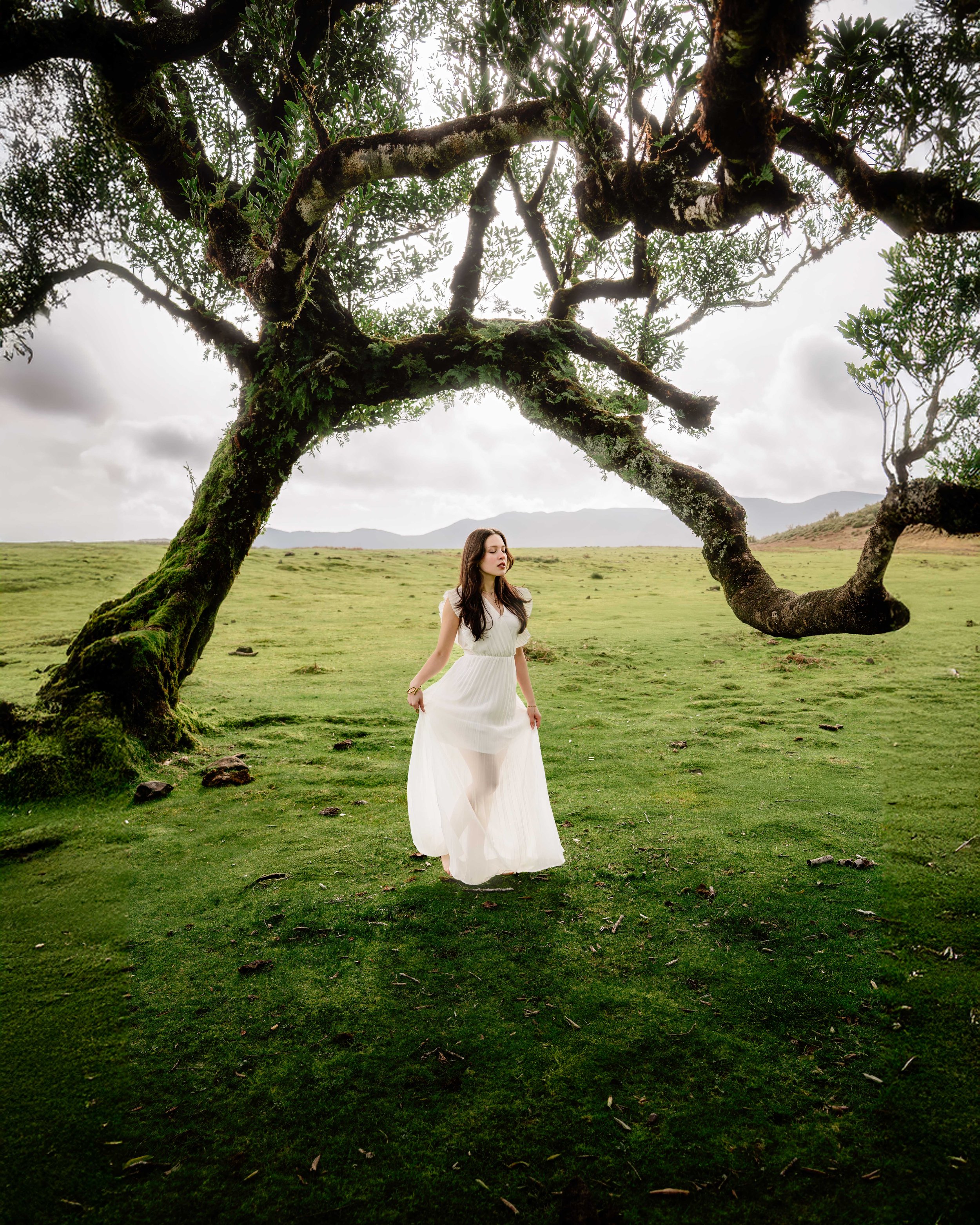 Une femme en robe blanche marche dans un champ vert avec un grand arbre tordu derrière elle, sous un ciel nuageux.