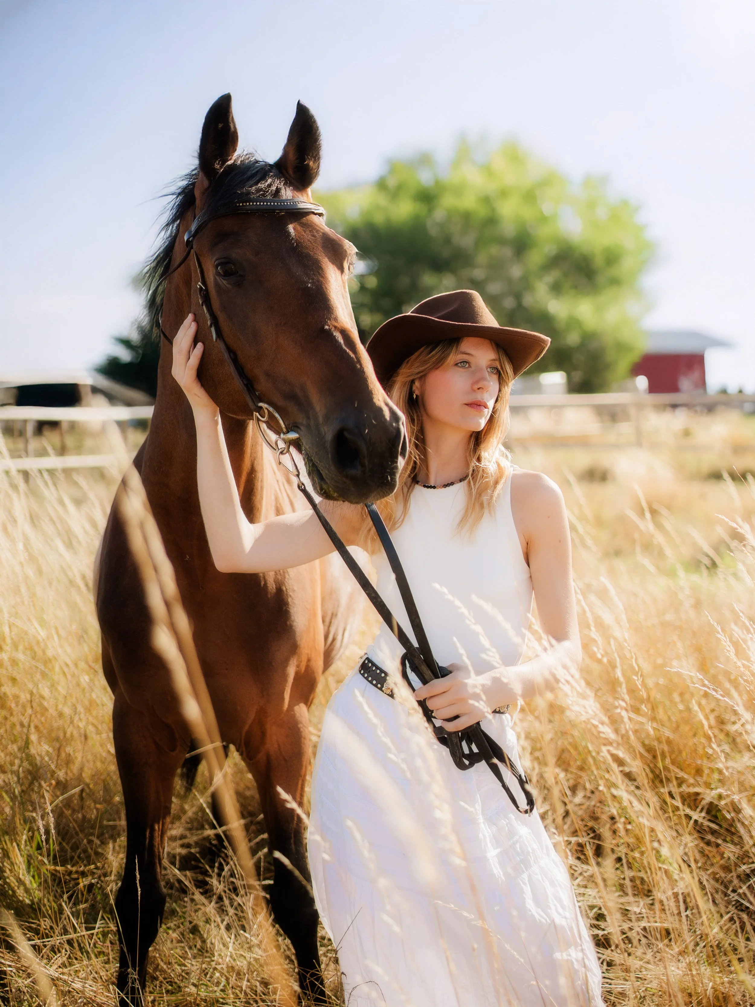 Une jeune femme en robe blanche et chapeau marron tient une bride de cheval dans un champ ensoleillé, l'autre main caressant la tête du cheval.