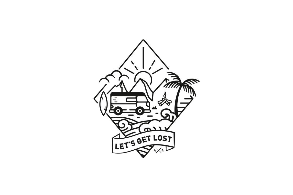 Ein stilisierter Outdoor-Logo mit einem Van, Bergen, Sonne, Palmen und Wellen, darunter ein Banner mit dem Text "Let's Get Lost" und einem 4x4-Symbol.