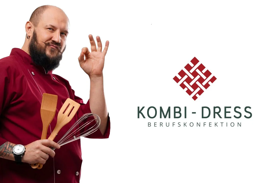 Der Mann trägt eine rote Kochjacke und hält Küchenutensilien. Er macht ein OK-Geste mit der Hand und steht neben einem Logo, das mit Krawatte und Koch-Uniform verbunden ist.