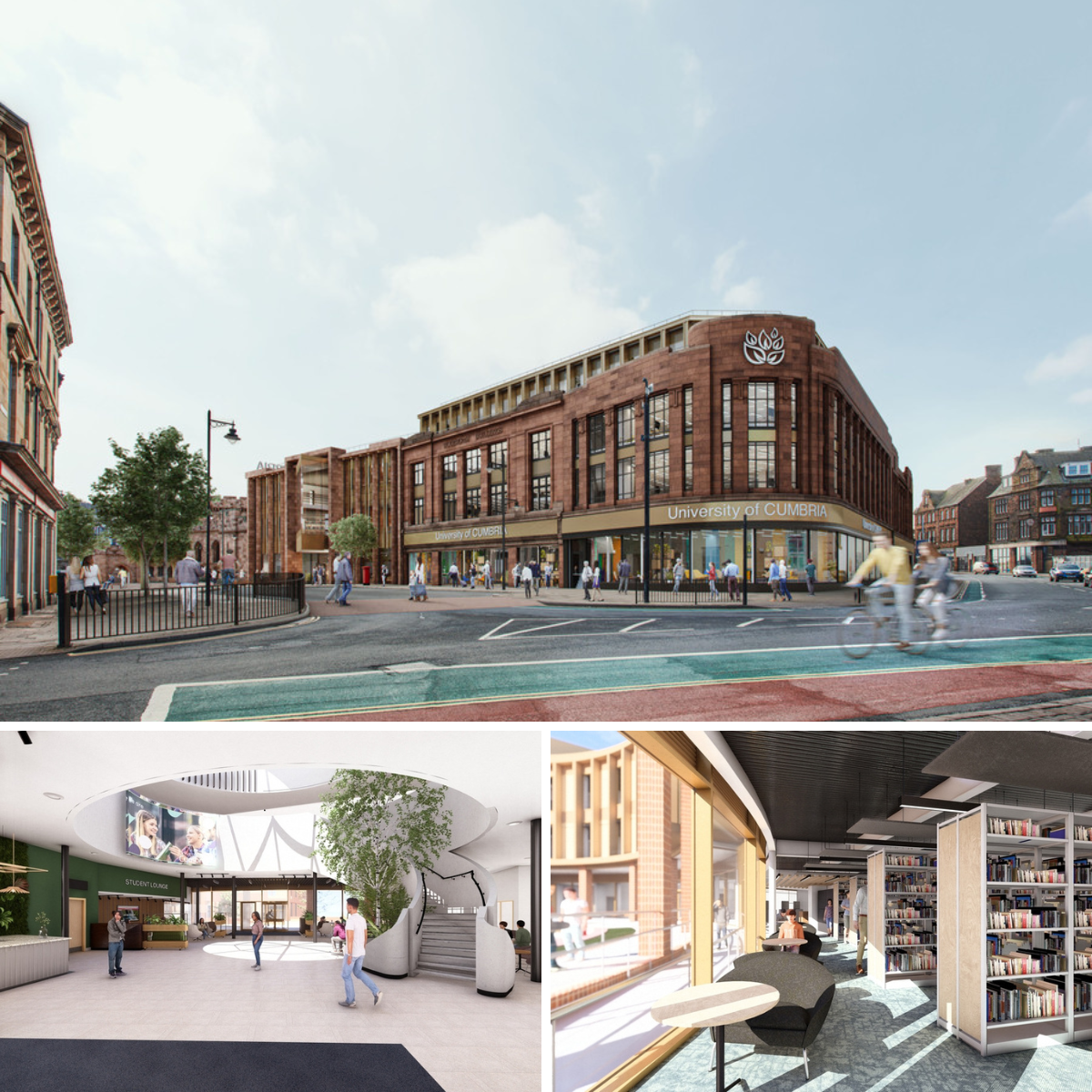 Rendering of a modern university building with a brick facade, large windows, and a sign that reads "University of CUMBRIA". The scene shows people walking and cycling on a city street. The interior includes a spacious lobby with a staircase and a digital screen, and a library with seating areas and bookshelves.