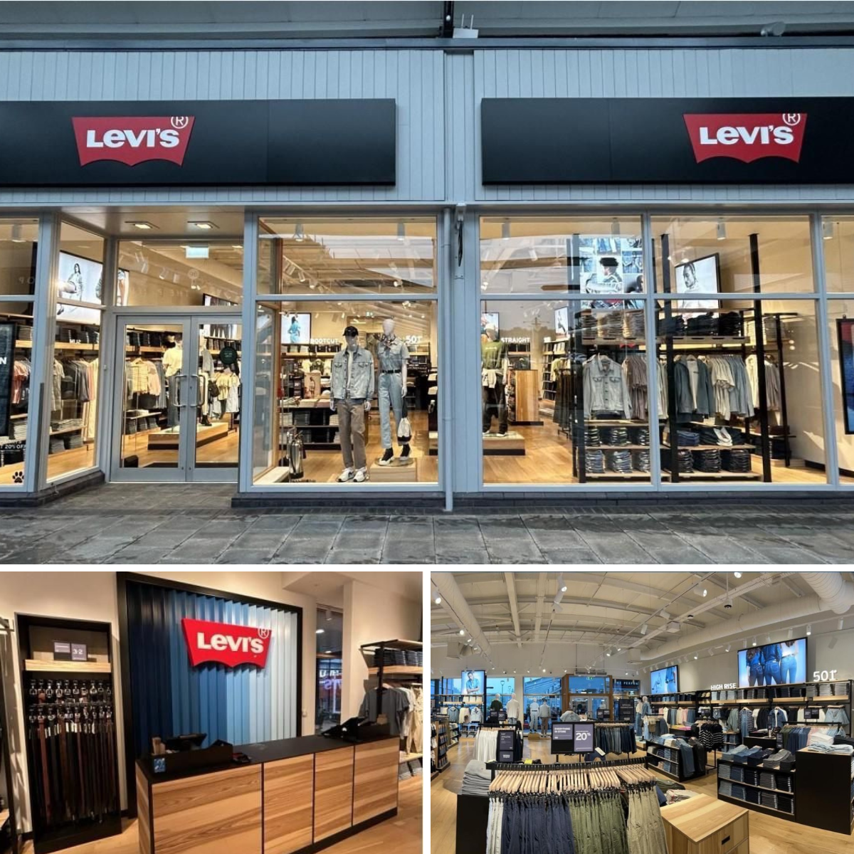 Exterior view of a Levi's store with glass storefront, displaying mannequins dressed in casual clothing inside. Interior shots show the checkout counter with a Levi's sign, and the store's clothing displays with racks of jeans and other apparel, well-lit and organized.