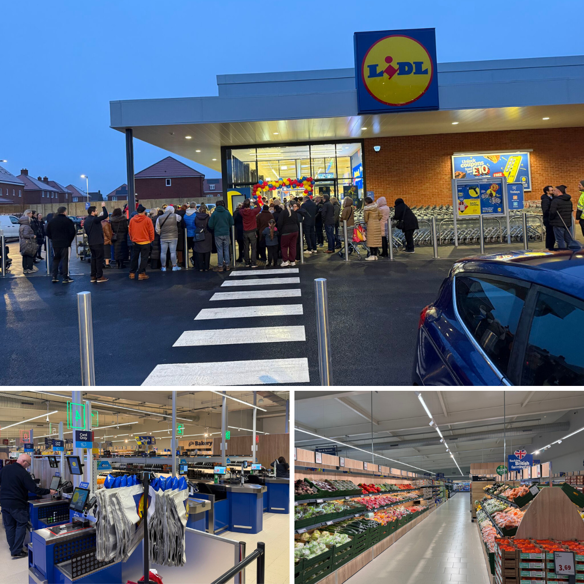 A large crowd lined up at a new Lidl store for its opening, with a balloon arch at the entrance and shopping cars parked outside. The supermarket interior shows checkout counters with customers and shopping bags, and an aisle with fresh produce on the shelves.