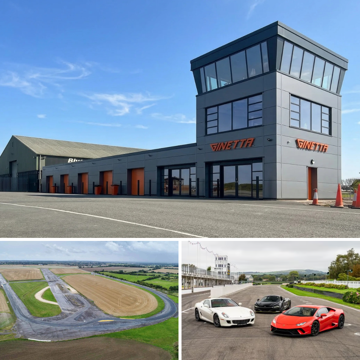 Three images related to a racetrack and racing cars. The first image shows a modern building with the sign 'GINETTA,' likely an automotive or racing facility. The second image is an aerial view of a racetrack with a winding layout surrounded by grassy fields. The third image features three luxury sports cars, including a white Ferrari and two Lamborghinis, parked on a race track with a race control tower in the background.