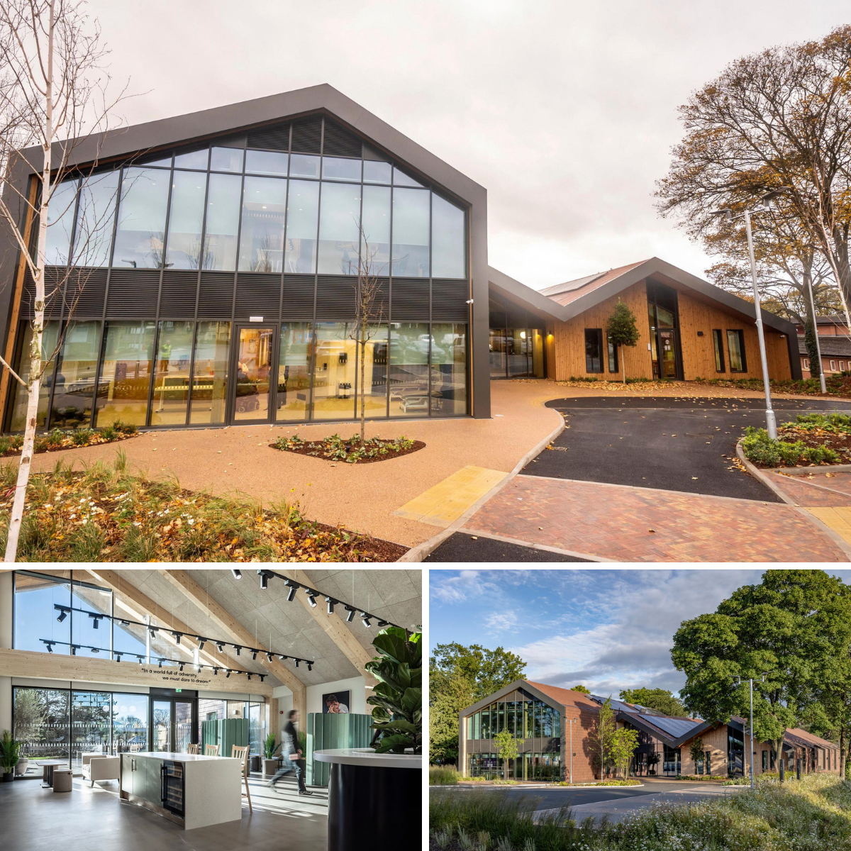 Series of images showing a modern building with large glass windows and a wooden exterior, surrounded by trees and landscaping, including a view of the interior lobby with high ceilings and a reception area.