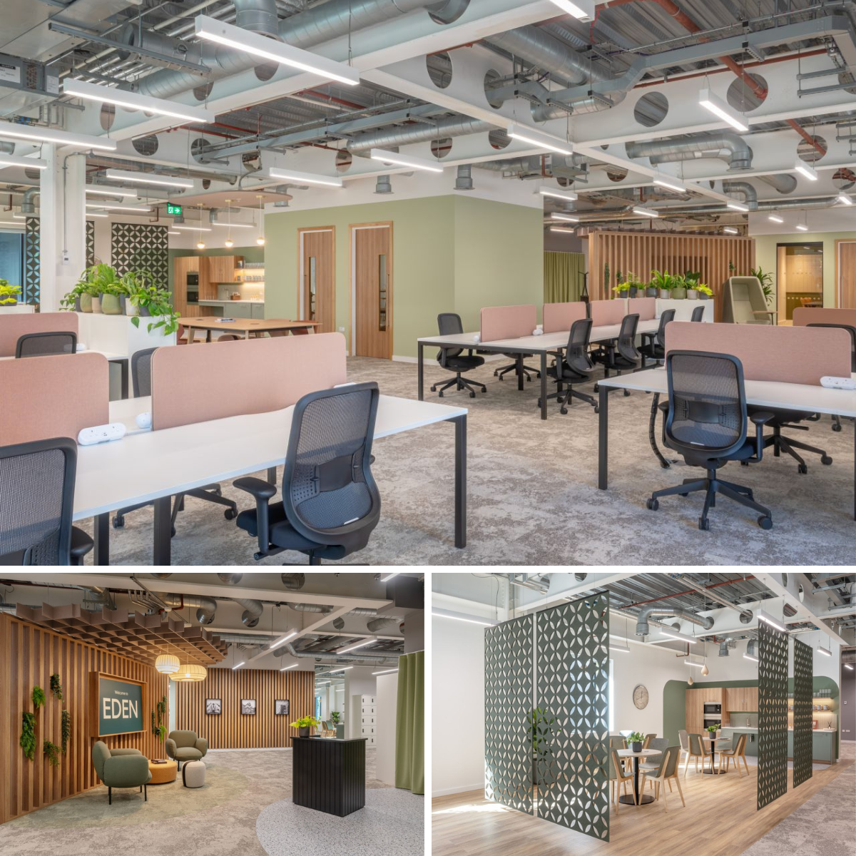 Open office space with white desks, pink and black chairs, green plants, and exposed ceiling ducts. A separate seating area with green chairs and a wooden wall with plants and the word 'EDEN' displayed is also visible.