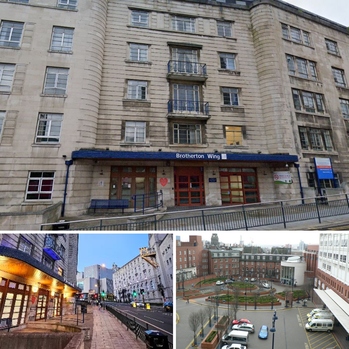 Collage of three images showing different scenes of urban areas in the UK. The top image depicts the exterior of a building with a sign that reads 'Brotherton Wing,' stone facade, multiple windows, and small balconies. The bottom left image shows a city street with shops, streetlights, and commercial buildings illuminated during twilight. The bottom right image shows a city courtyard with parked cars, benches, trees, and surrounding brick and modern buildings.