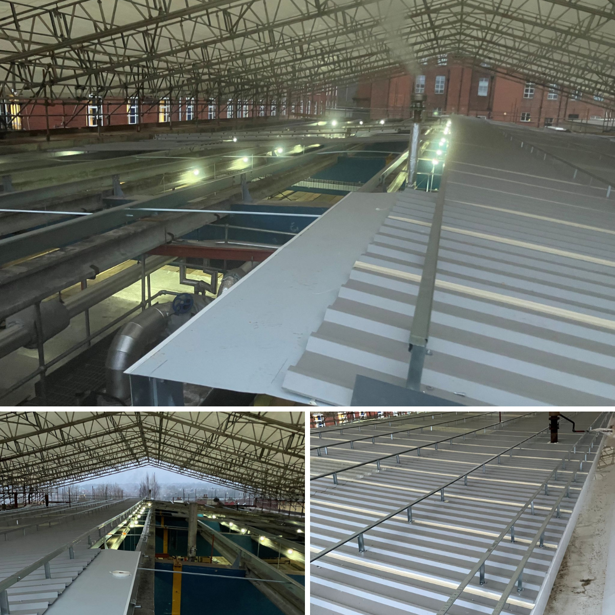 Three images of a large industrial or warehouse interior with metal roofing, ventilation ducts, and lighting. The images show different angles of the ceiling, including structural supports and roof panels.