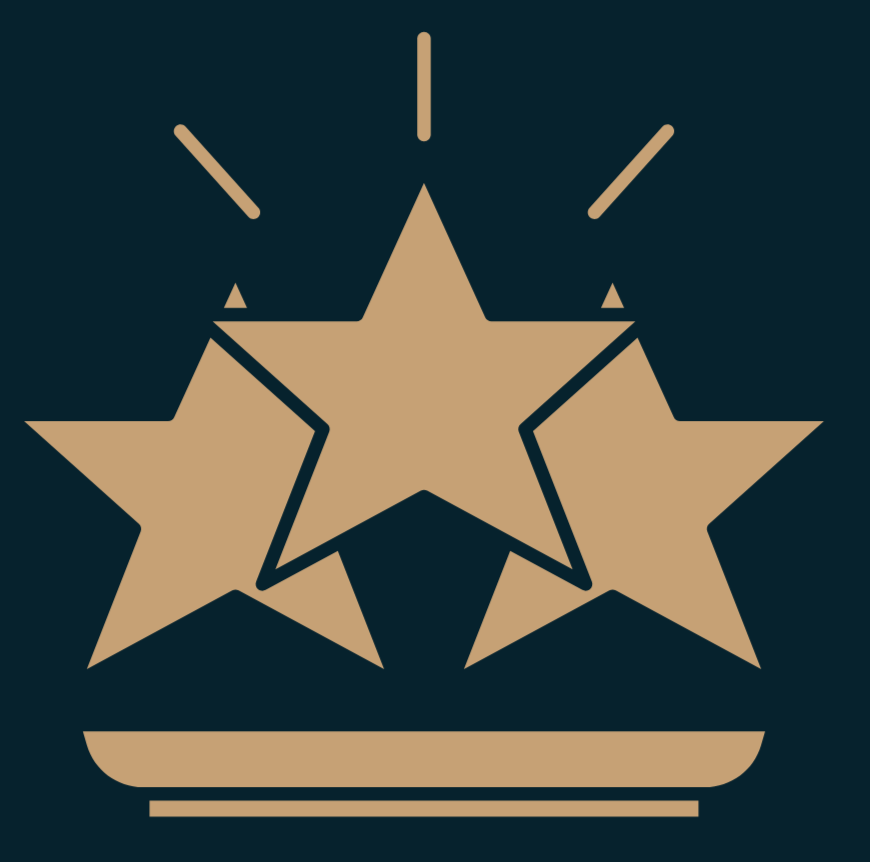 Icon of three gold stars above a gold horizontal bar, set against a dark background.