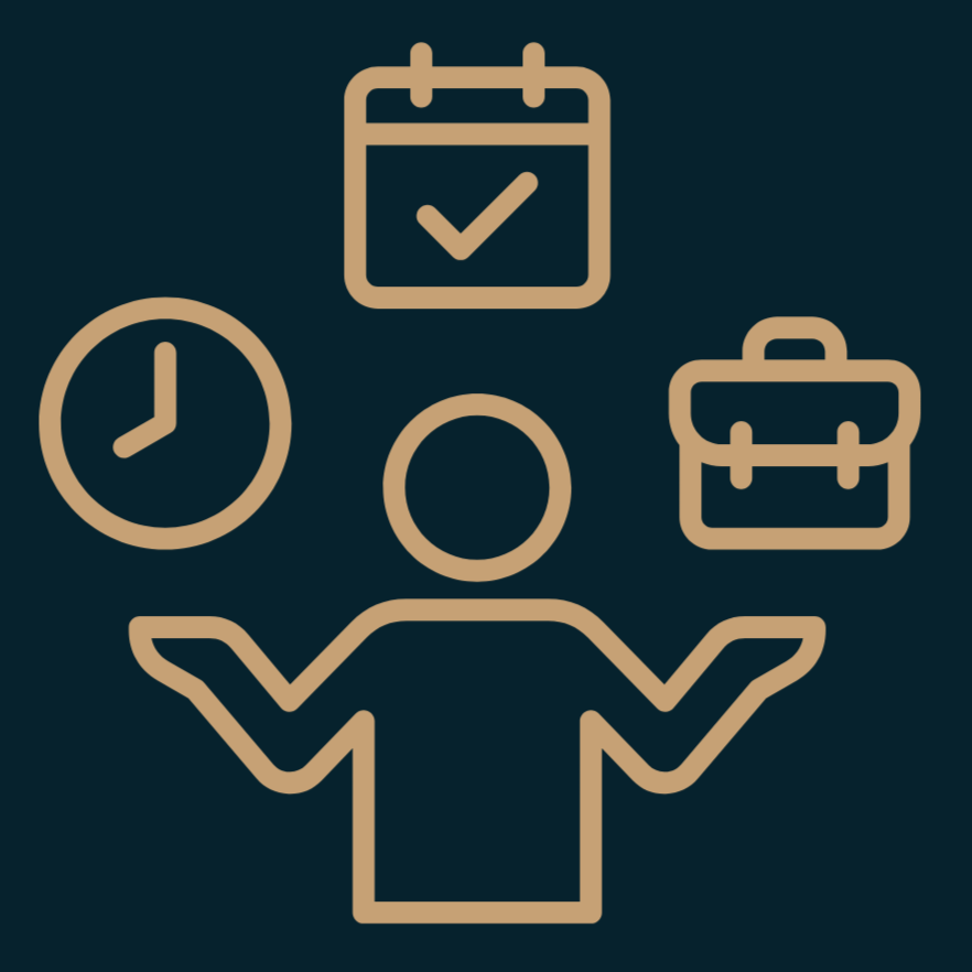 Line drawing of a person surrounded by icons of a clock, a calendar with a checkmark, and a briefcase, representing time management or scheduling.