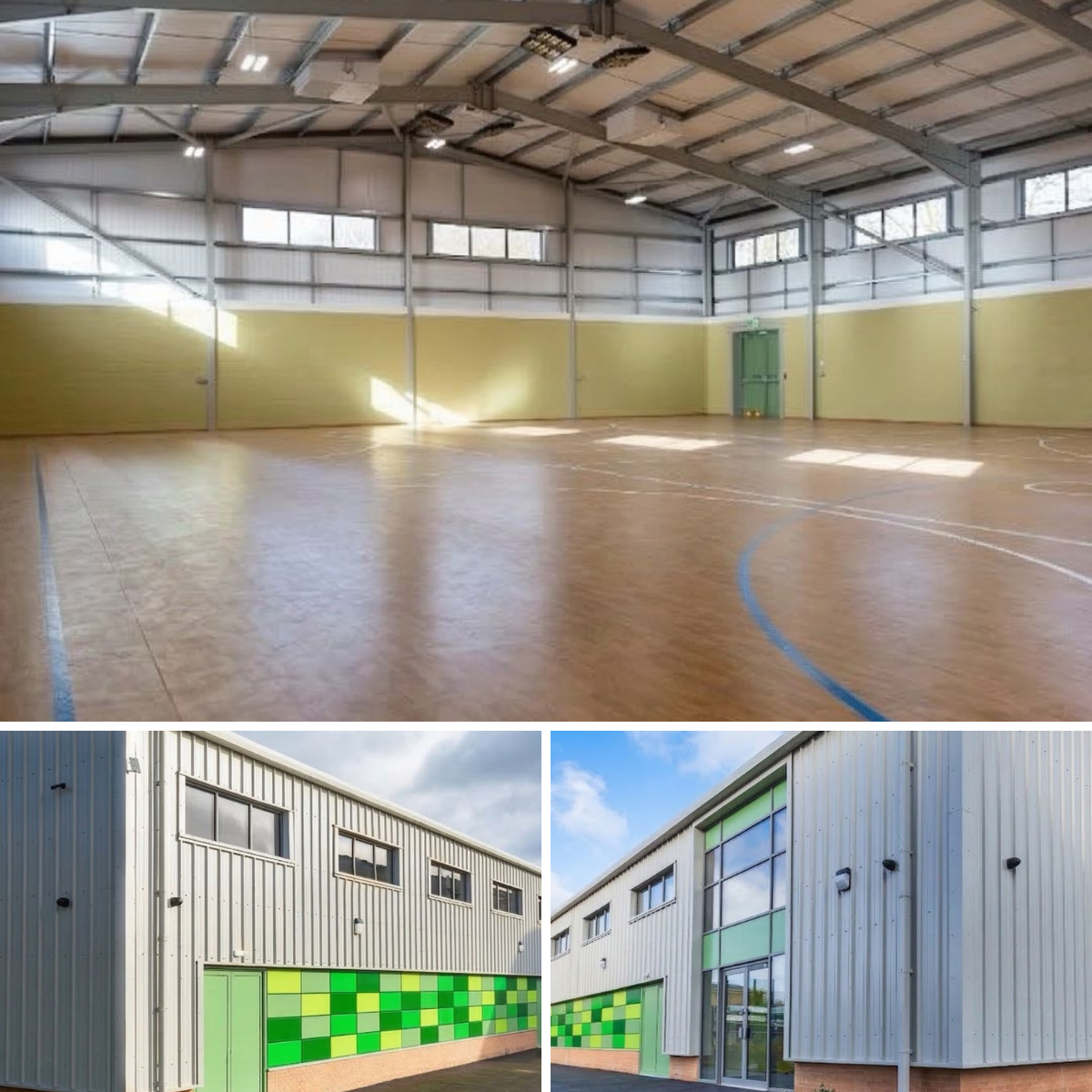 Empty indoor gymnasium with wooden flooring, high ceiling, and yellow walls, with windows allowing natural light. External images of a modern, industrial-style building with metal siding and green accent panels.