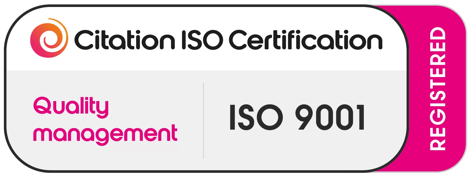 A certification badge indicating registration for quality management ISO 9001, with a colorful spiral logo on the left, and the text arranged in sections with pink and black fonts.
