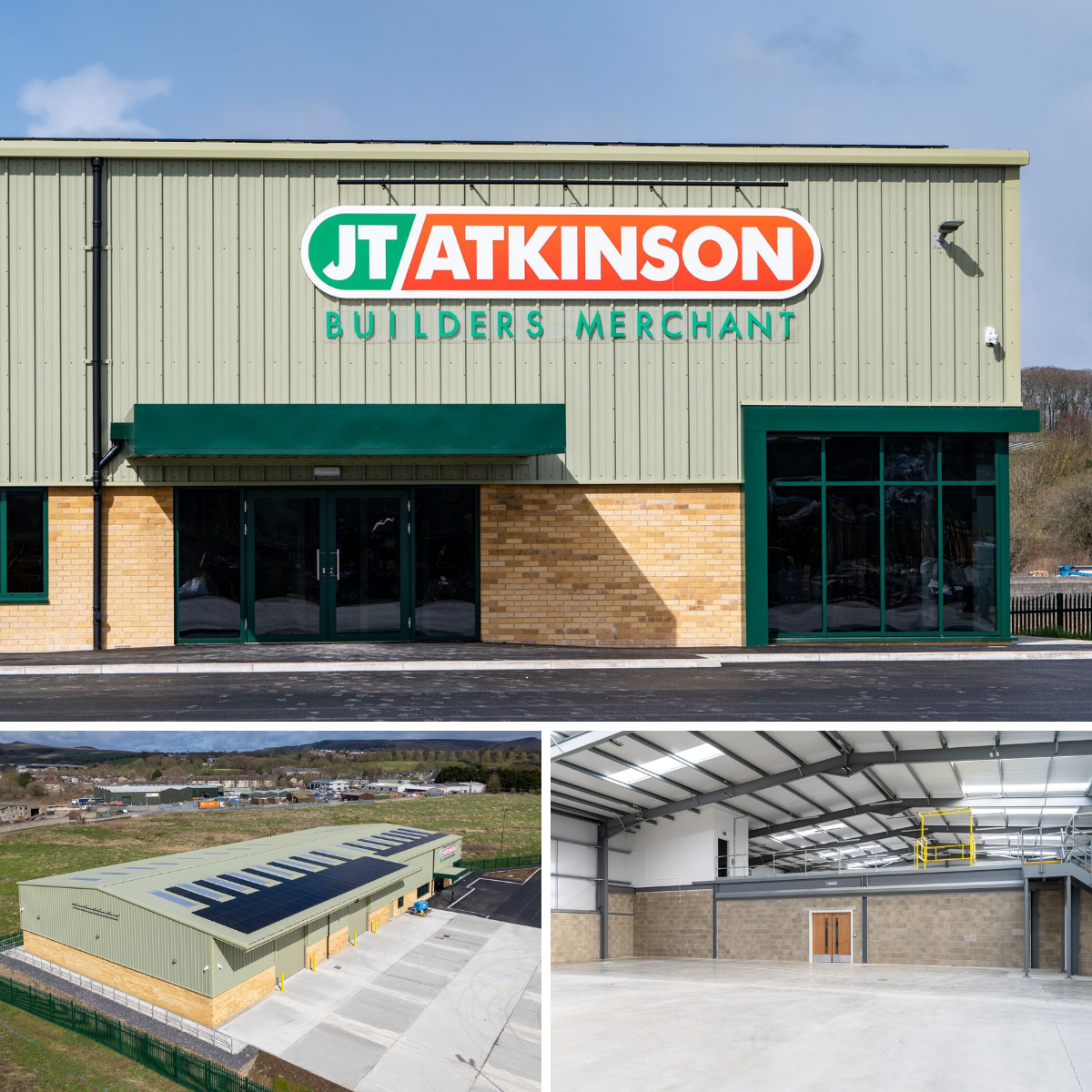 Exterior of JT Atkinson Builders Merchant store with a green and orange sign, featuring a brick and metal siding facade, large glass doors, and an overlay green awning. The store is surrounded by paved parking and a rural landscape with solar panels on the roof of a nearby building. The interior shows a spacious warehouse with high ceilings, metal beams, and an empty concrete floor.