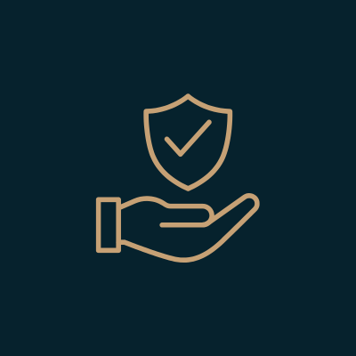 Outline of a hand holding a shield with a checkmark in the center.