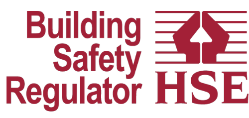 Logo for Building Safety Regulator (HSE) with stylized houses and horizontal lines.