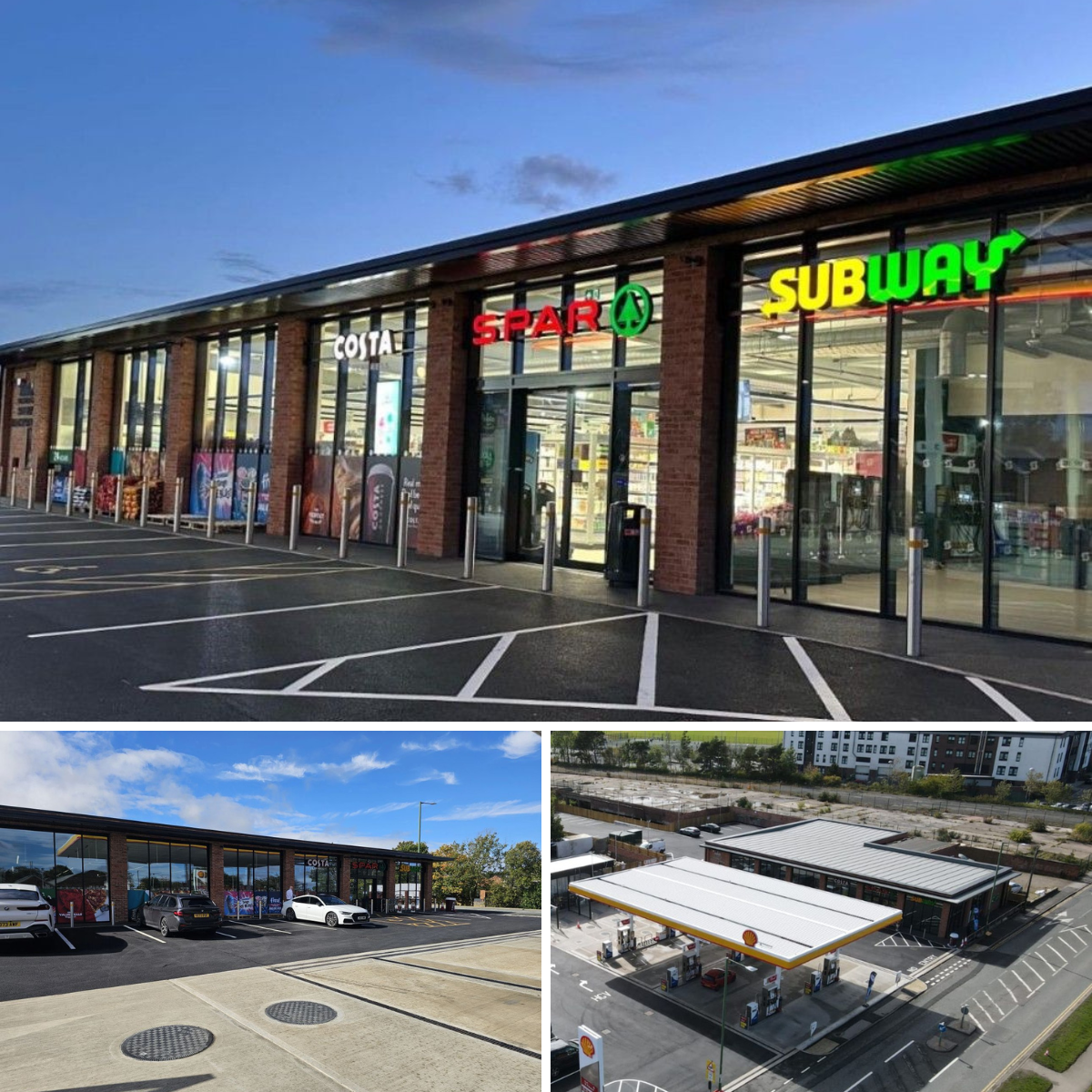 Images of a small commercial plaza with stores like Costa, SPAR, and Subway, along with a Shell gas station. The pictures show the front and side views of the plaza and the gas station from different angles, with parking areas and surrounding buildings visible.