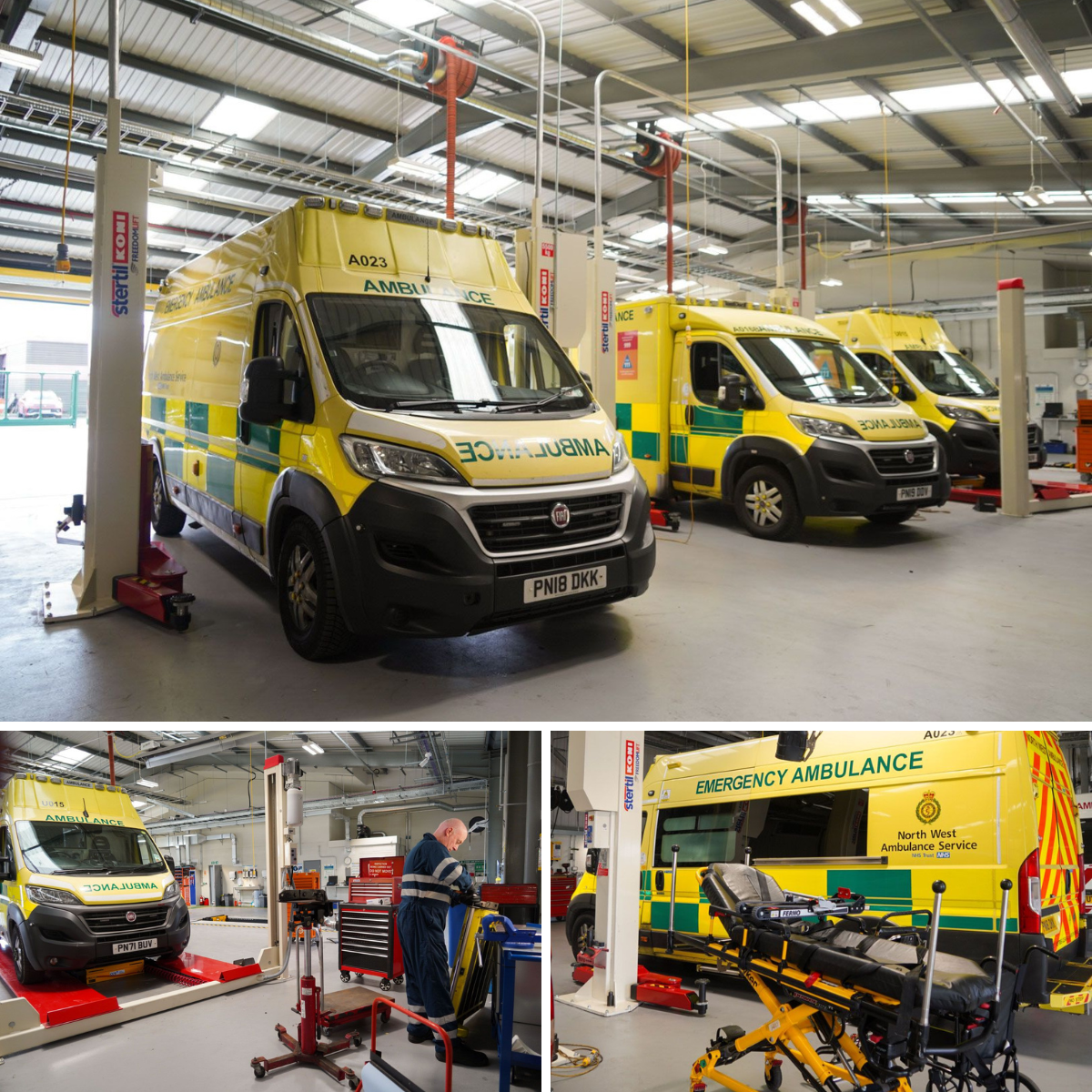 Three yellow emergency ambulances inside a garage or maintenance facility, with one being serviced by a mechanic, and a stretcher nearby.