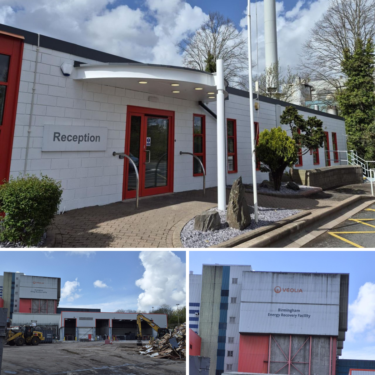Collage of three images: The first shows the entrance to the Birmingham Energy Recovery Facility with a white brick facade, red doors, and a reception sign, surrounded by landscaping and parking. The second depicts the exterior of the large industrial building with a sign reading Veolia and ongoing construction or demolition activity in front. The third is a close-up of the side of the plant with the Veolia sign and the facility labeled Birmingham Energy Recovery Facility.