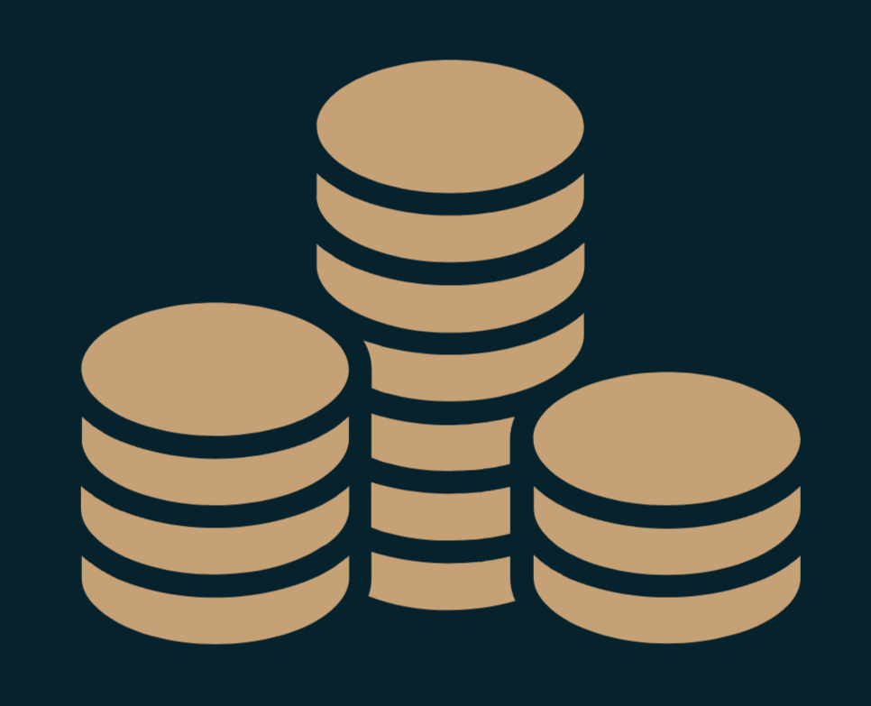 Icon of stacked gold coins on a dark background.