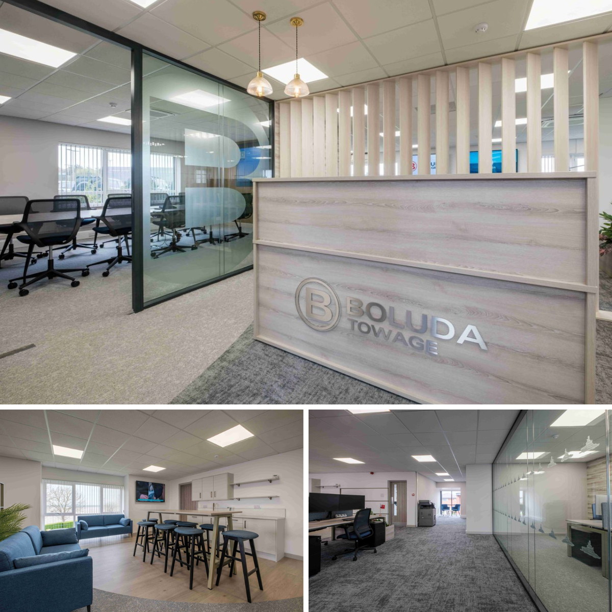 Images of a modern office with conference rooms, a reception desk, and a lounge area.