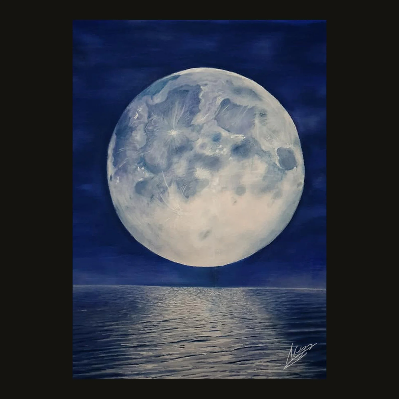 Drawing of a full moon over the sea by Rob Bateman