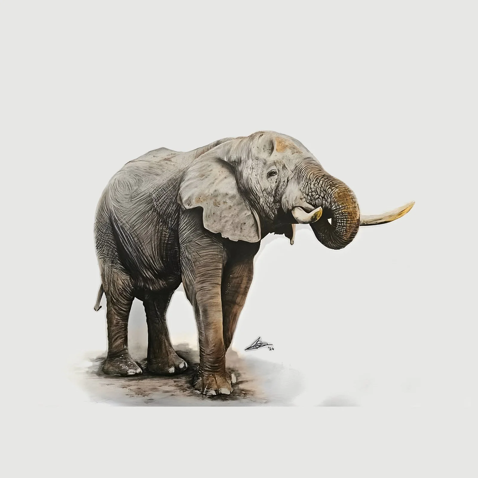Coloured pencil drawing of an African elephant drinking with its trunk curled by Rob Bateman