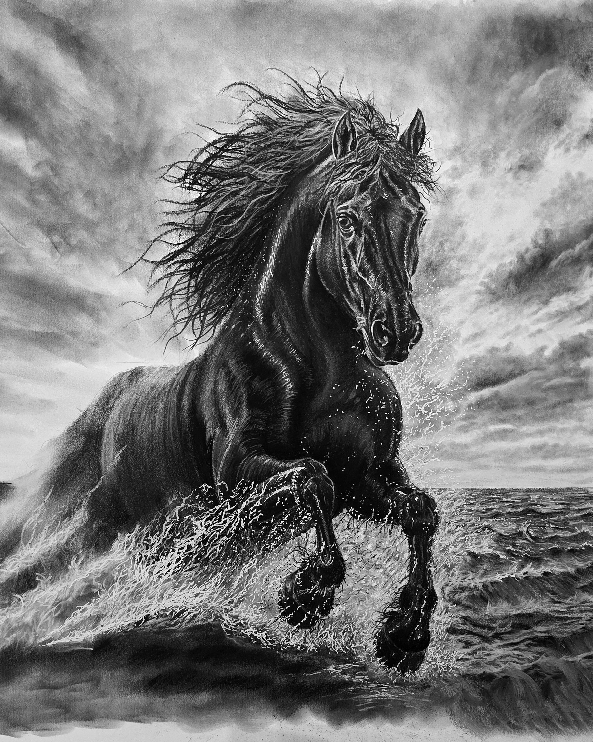 Original charcoal drawing of a black stallion charging through surf by Rob Bateman