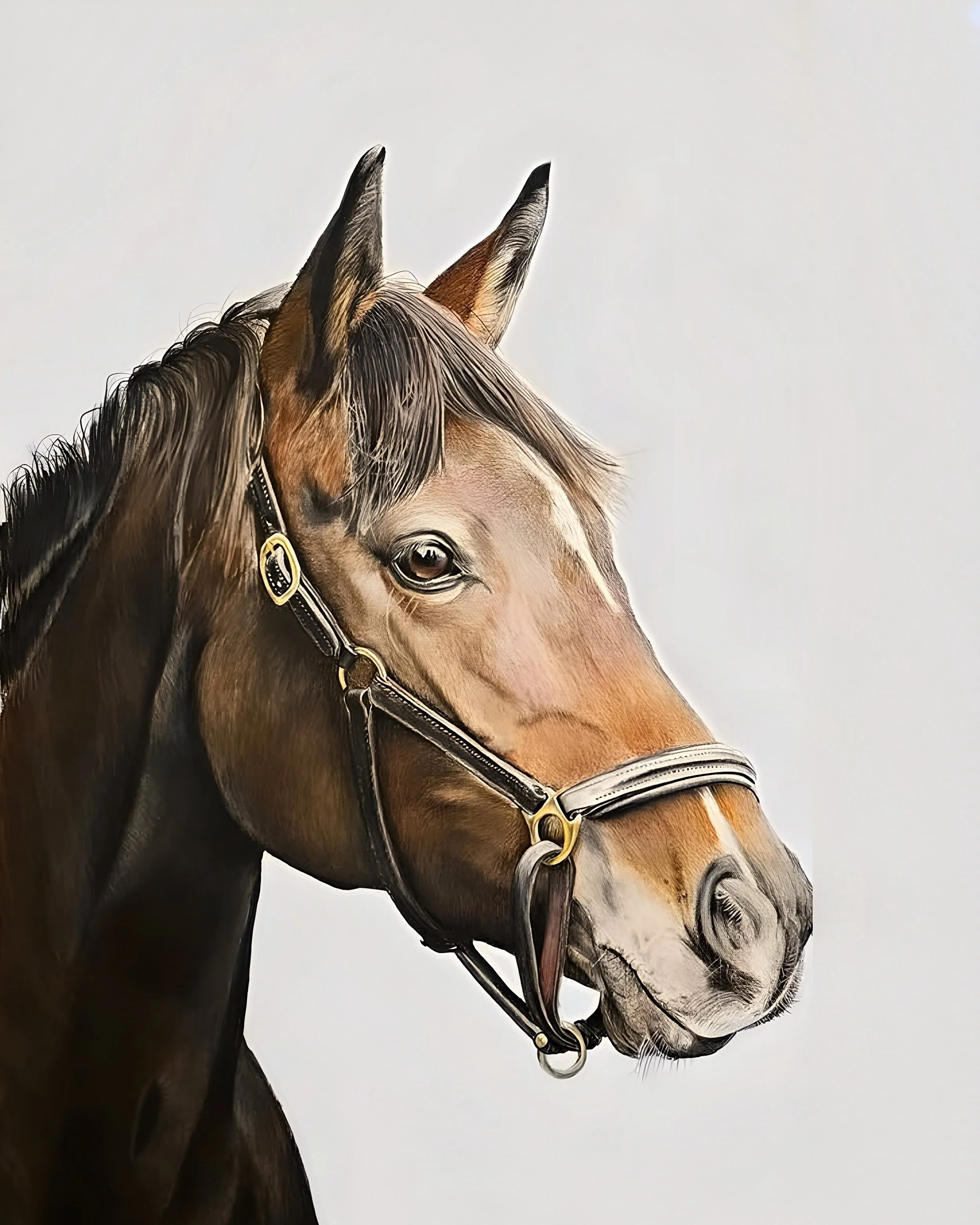 Photorealistic drawing of a bay horse in a halter by Rob Bateman