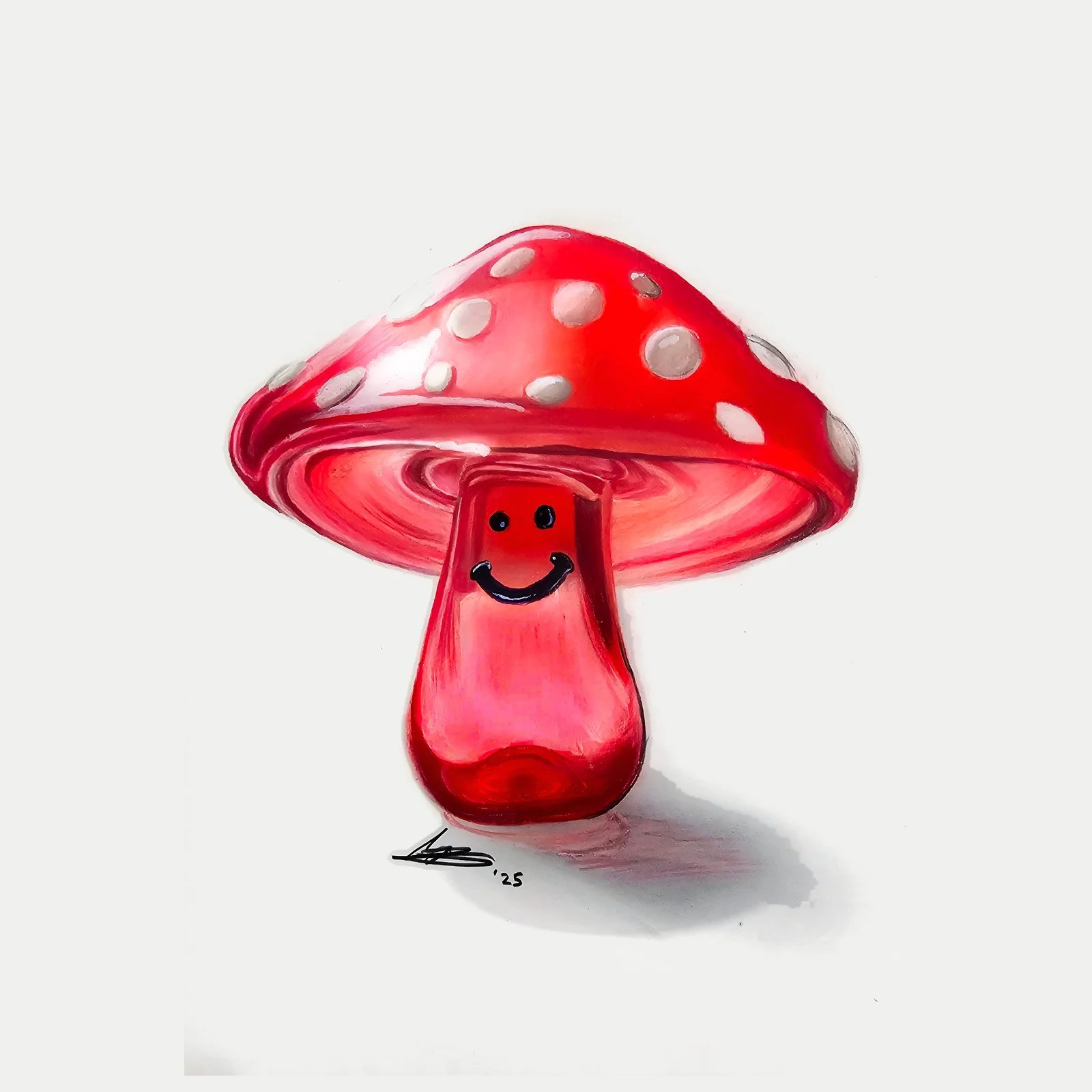 Drawing of a glossy red toadstool with white spots and a smiling face by Rob Bateman
