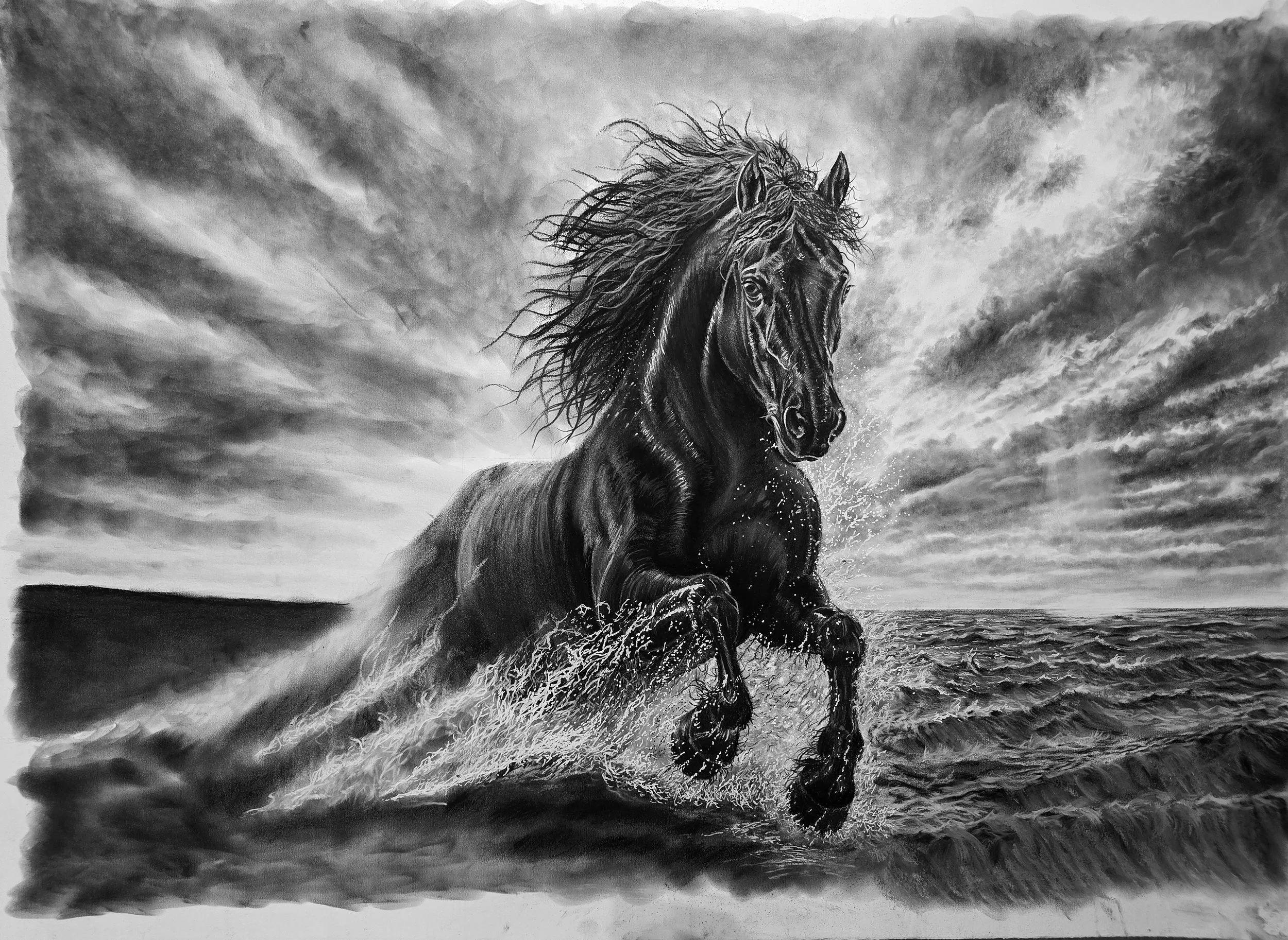 Original charcoal drawing of a black stallion charging through surf by Rob Bateman