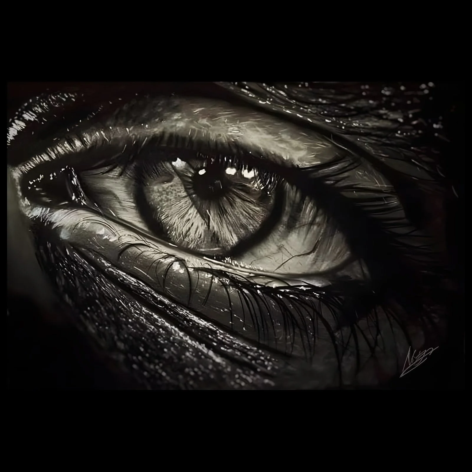 Drawing of a close-up of a human eye in sepia tones by Rob Bateman